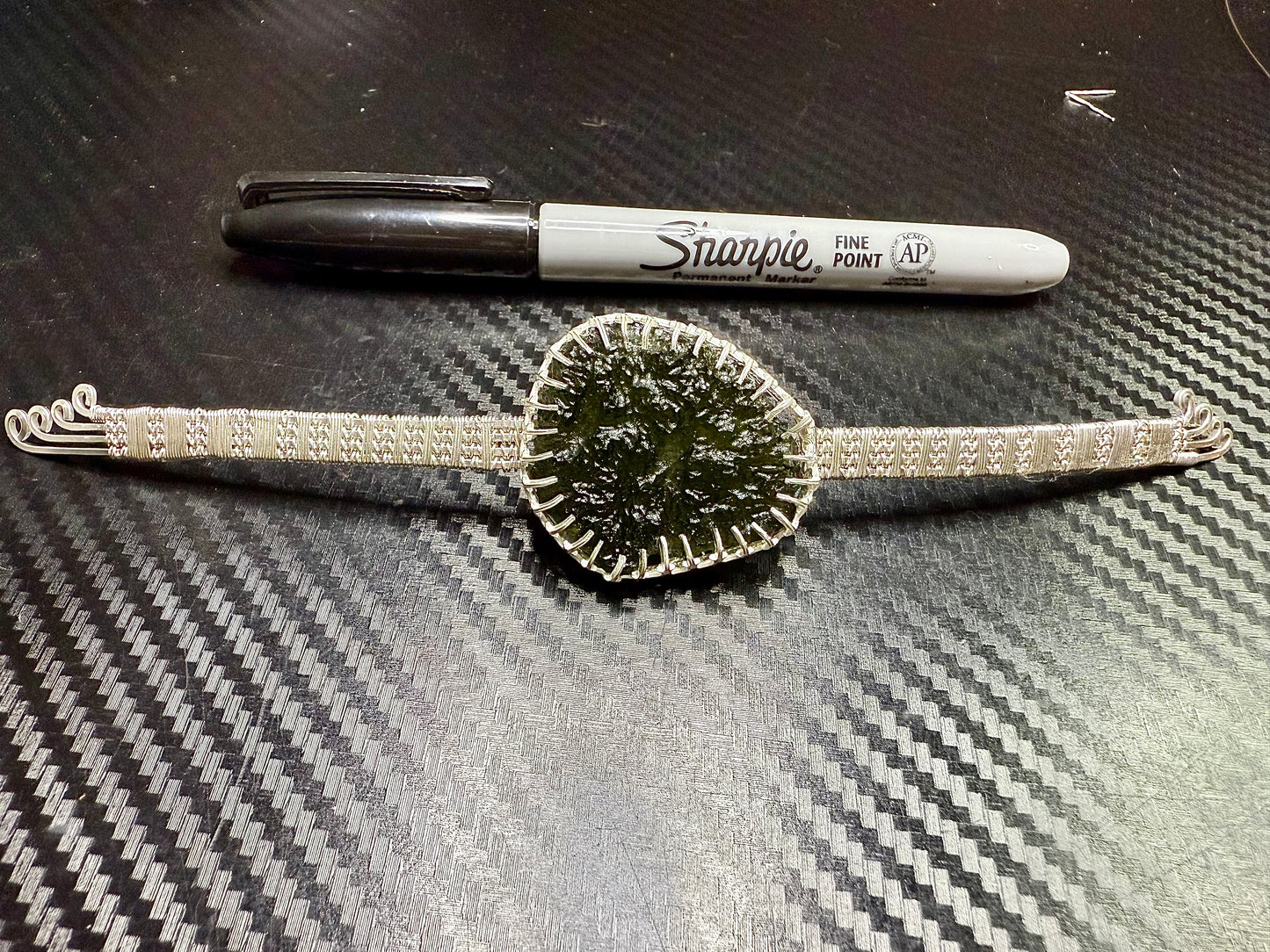 F112) Large Moldavite Bracelet In Sterling Silver