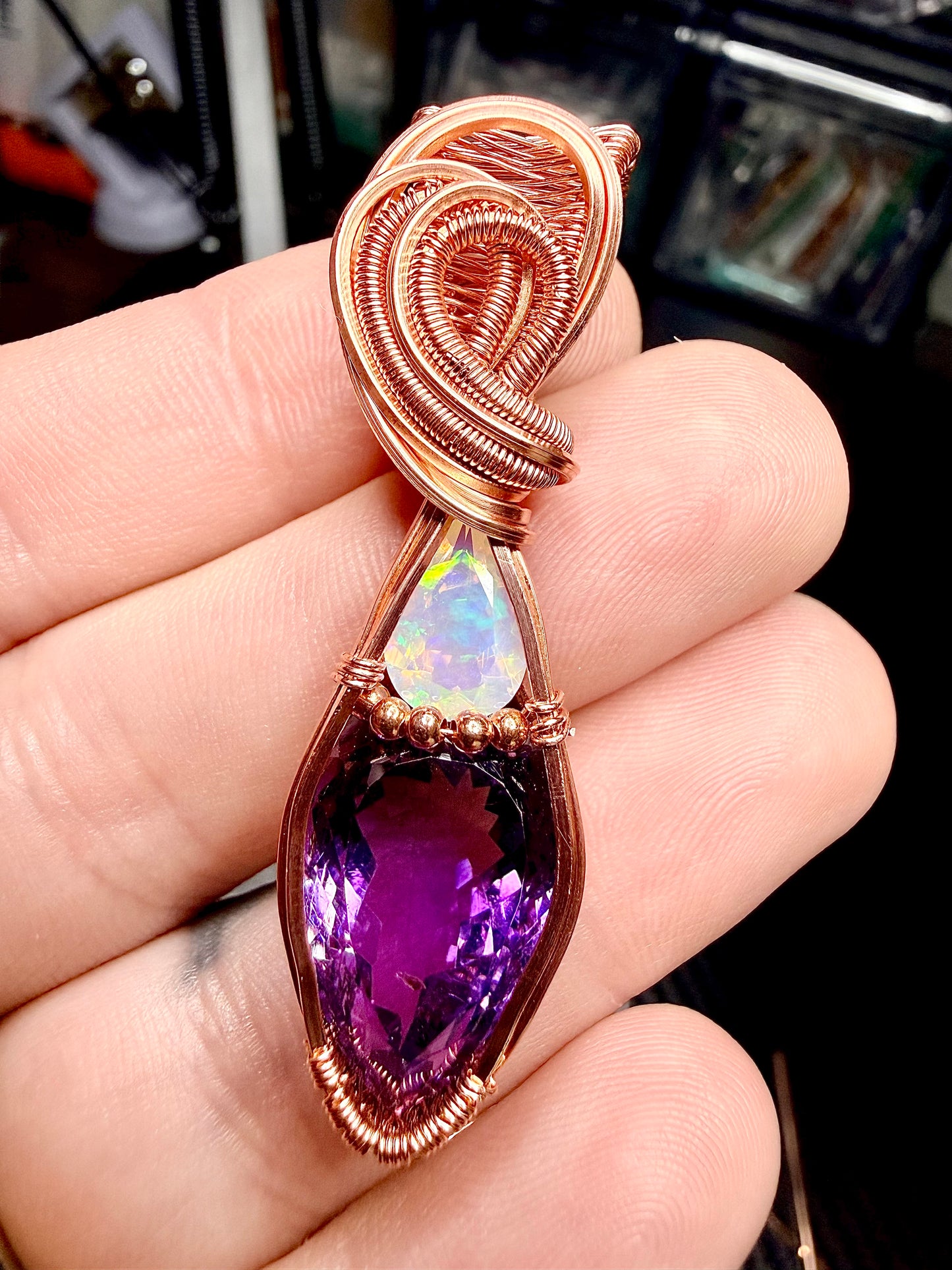 Large Amethyst & Opal Pendant In Copper