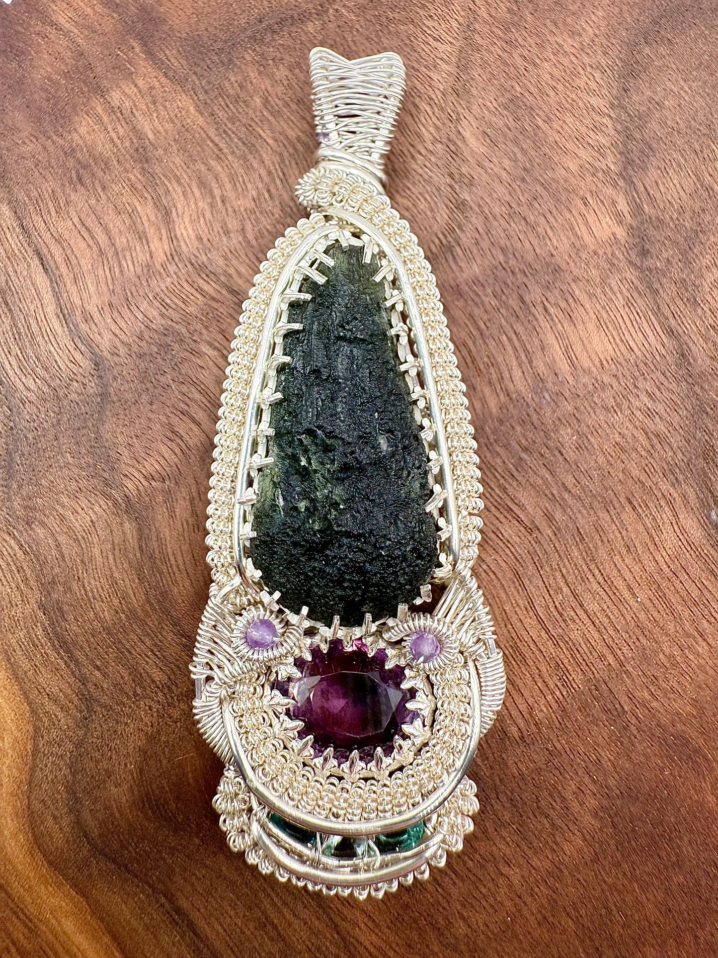 GG33) Large Moldavite, Amethyst, Aquamarine, & Blue Apatite Pendant Necklace In Sterling Silver