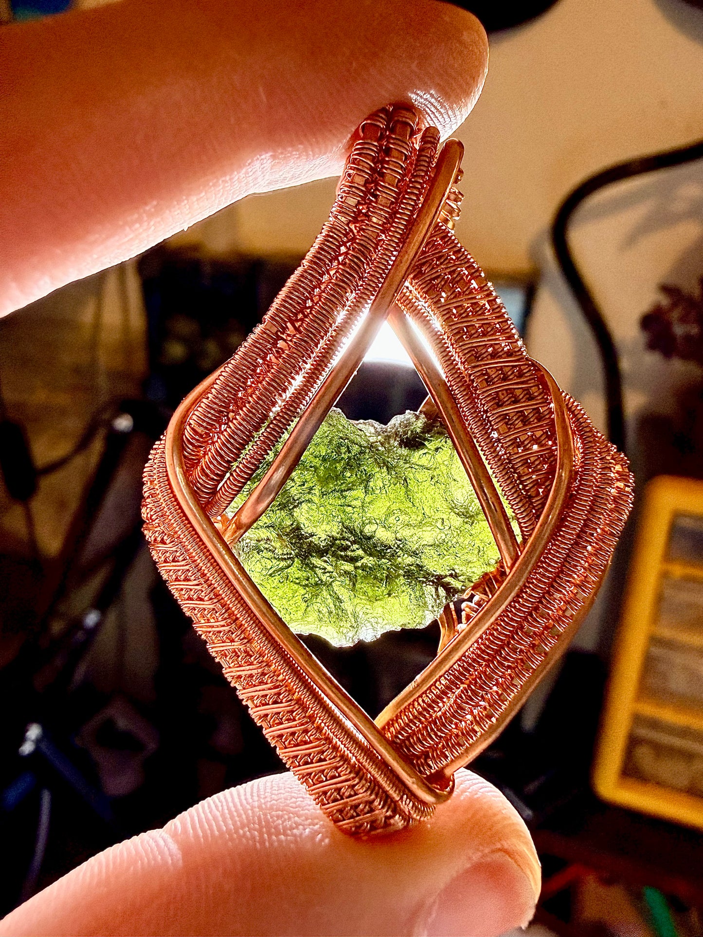 1MSS) Moldavite Pendant In Copper 4.54g