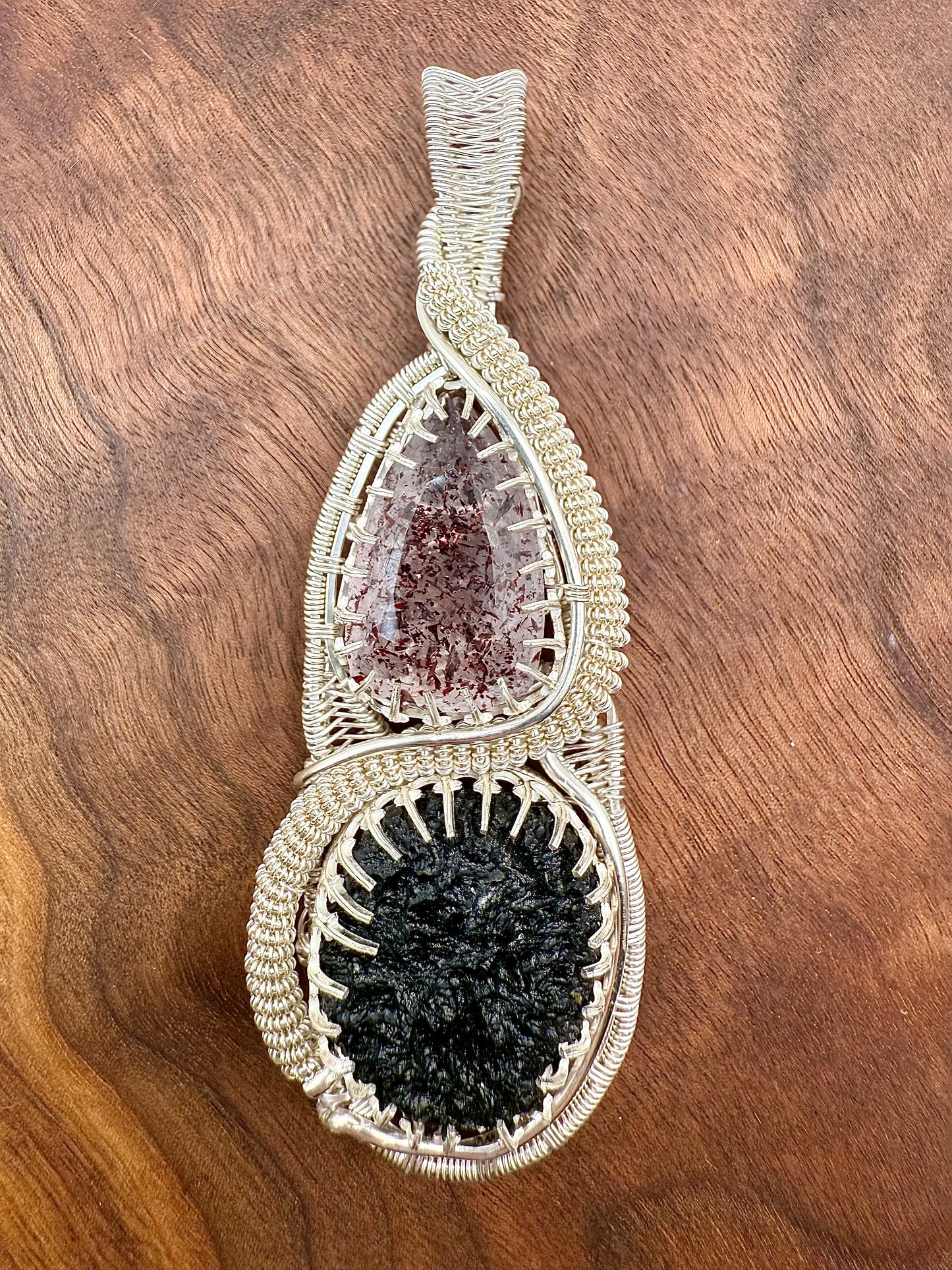 GG33) Large Moldavite & Super 7 Pendant Necklace In Sterling Silver