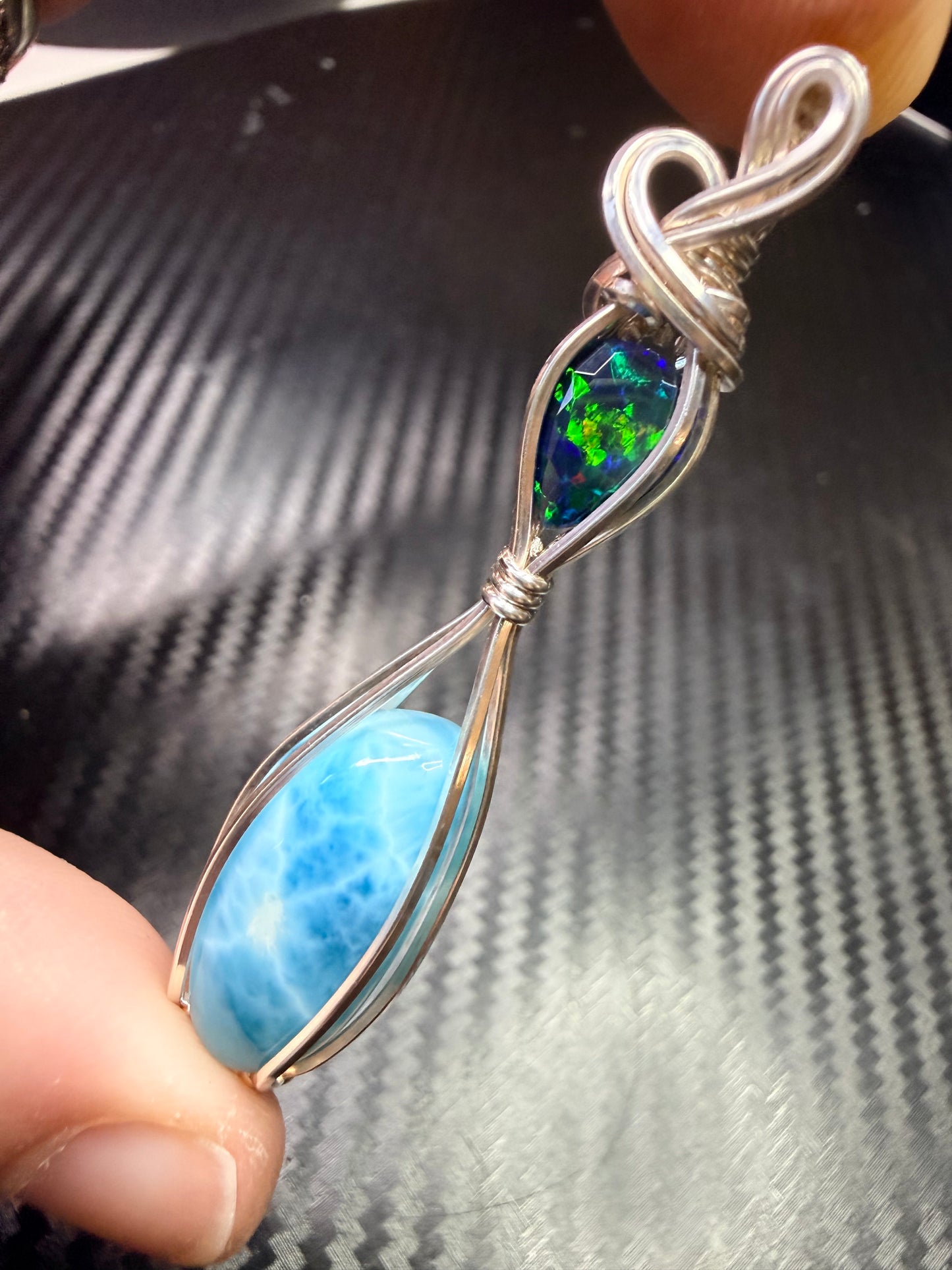 Larimar & Ethiopian Opal Pendant in 925 Sterling Silver – Blue & Fire Opal Necklace, Ocean Inspired Gemstone Jewelry, Unique Gift