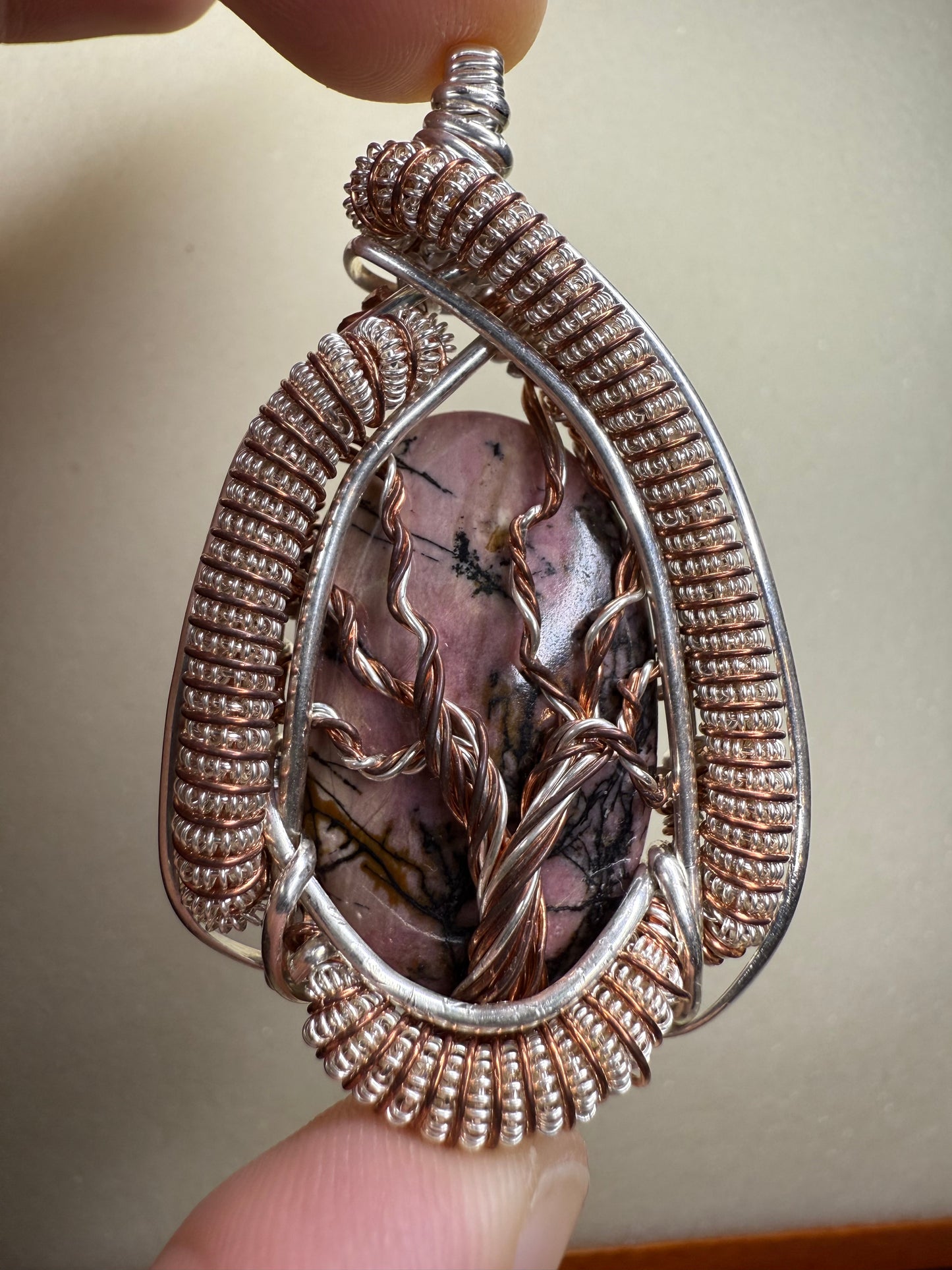 C11) Tree Of Life Pendant With Rhodonite In Sterling Silver & Copper