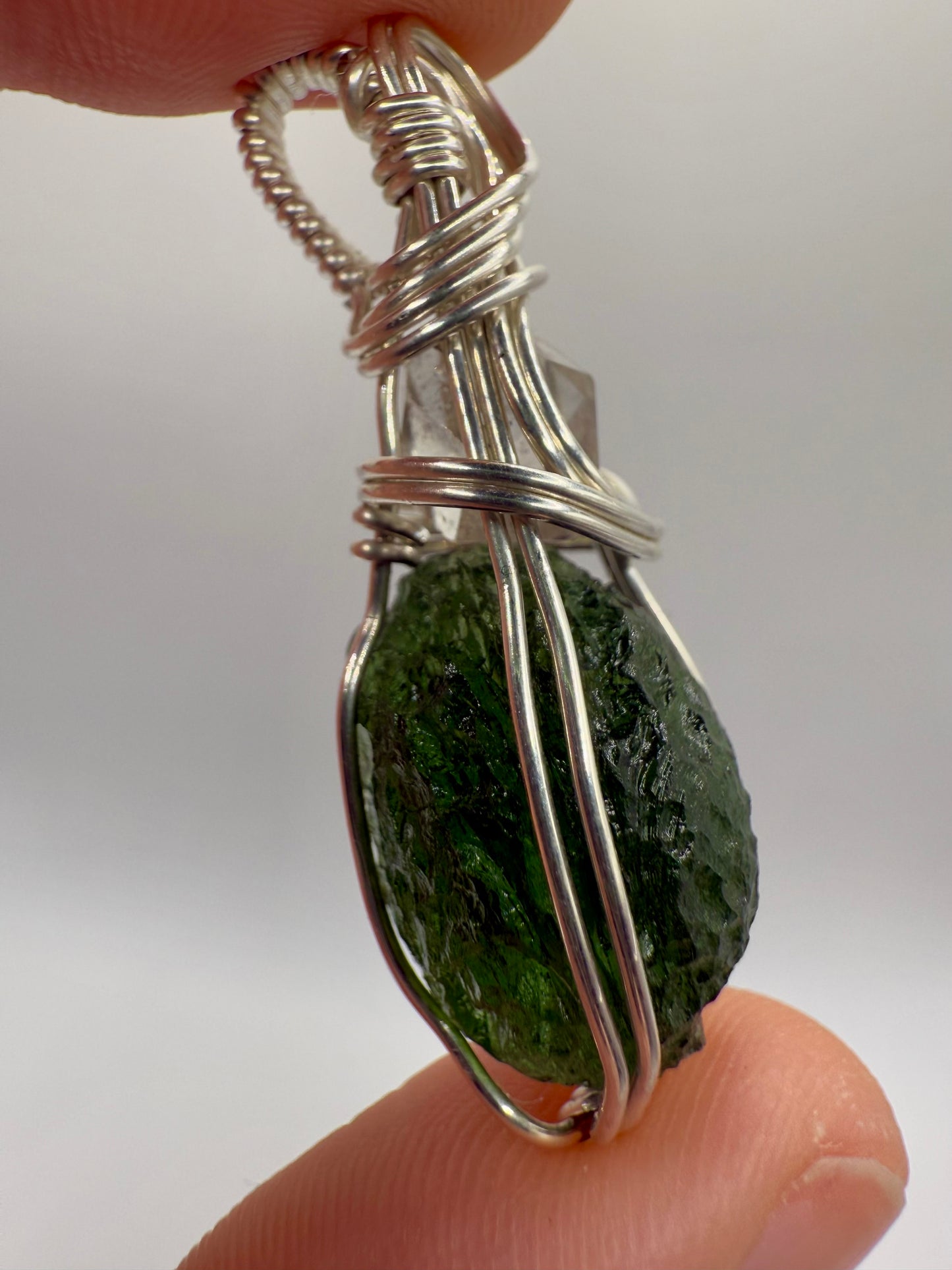 C11) Chlum Moldavite & Herkimer Diamond Pendant Necklace In Sterling Silver