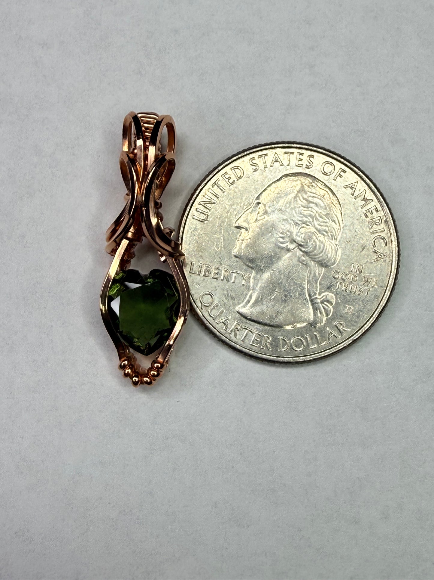 Moldavite Heart Faceted Pendant In Copper