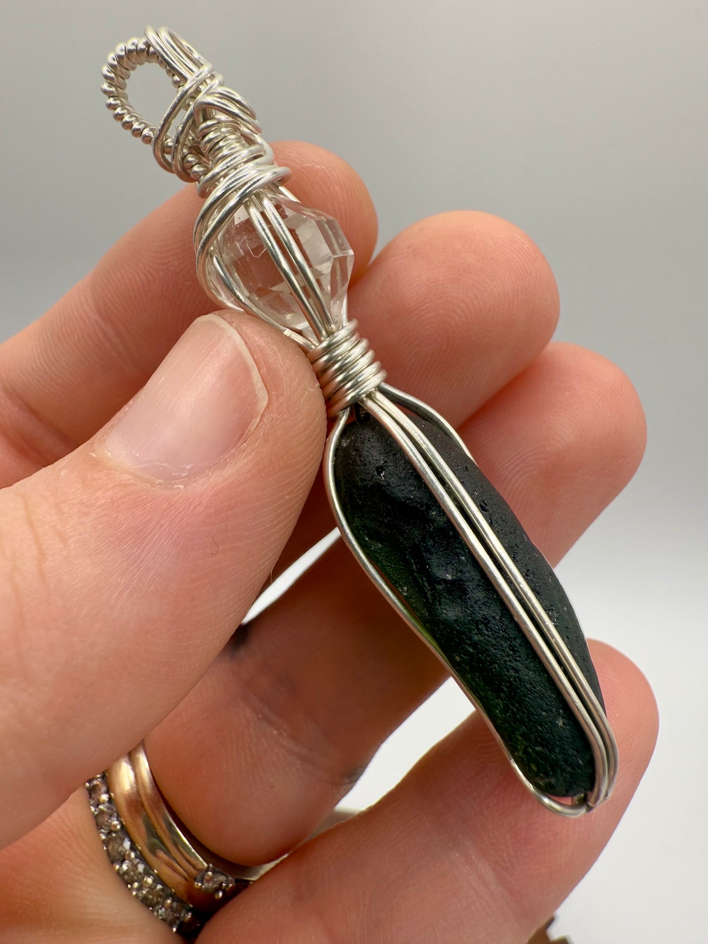 C112) Zliv Moldavite & Herkimer Diamond In Sterling Silver