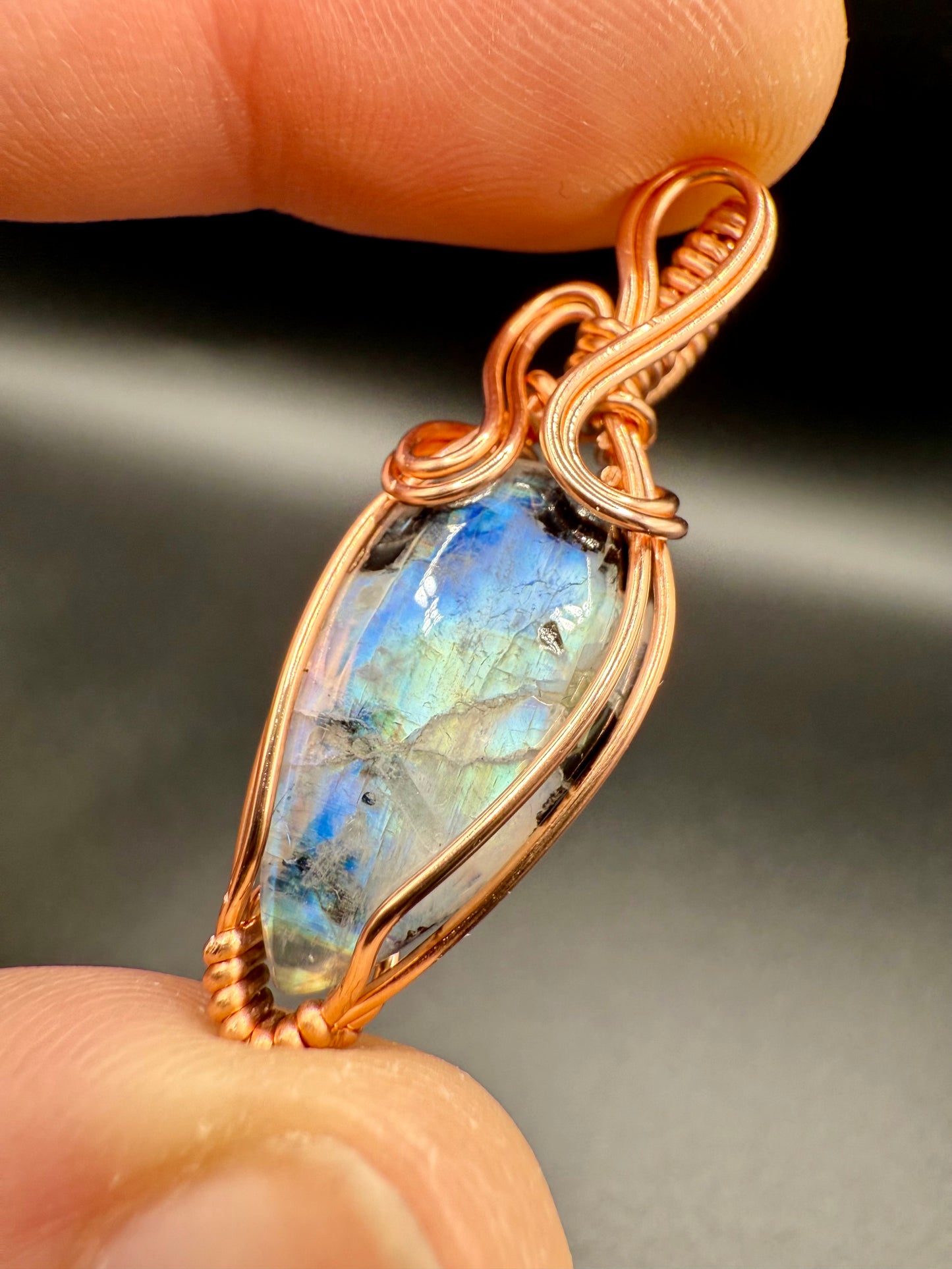 A1.) Christmas Special Moonstone with Black Tourmaline Inclusions In Copper