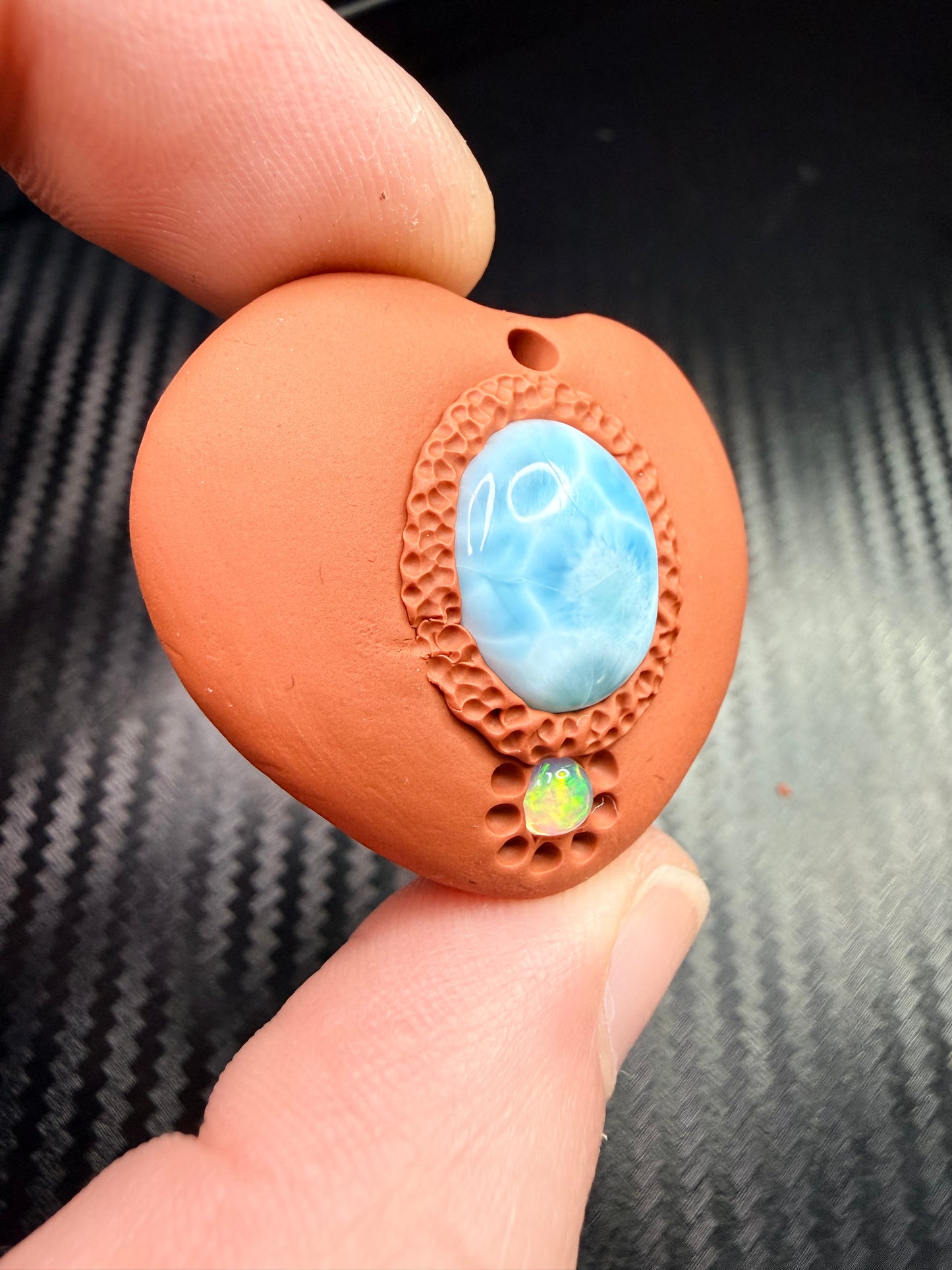 Larimar & Opal Heart Talisman Necklace | Divine Love Amulet | Handmade Clay Spiritual Jewelry | Healing Crystal Pendant | Heart Chakra Energy