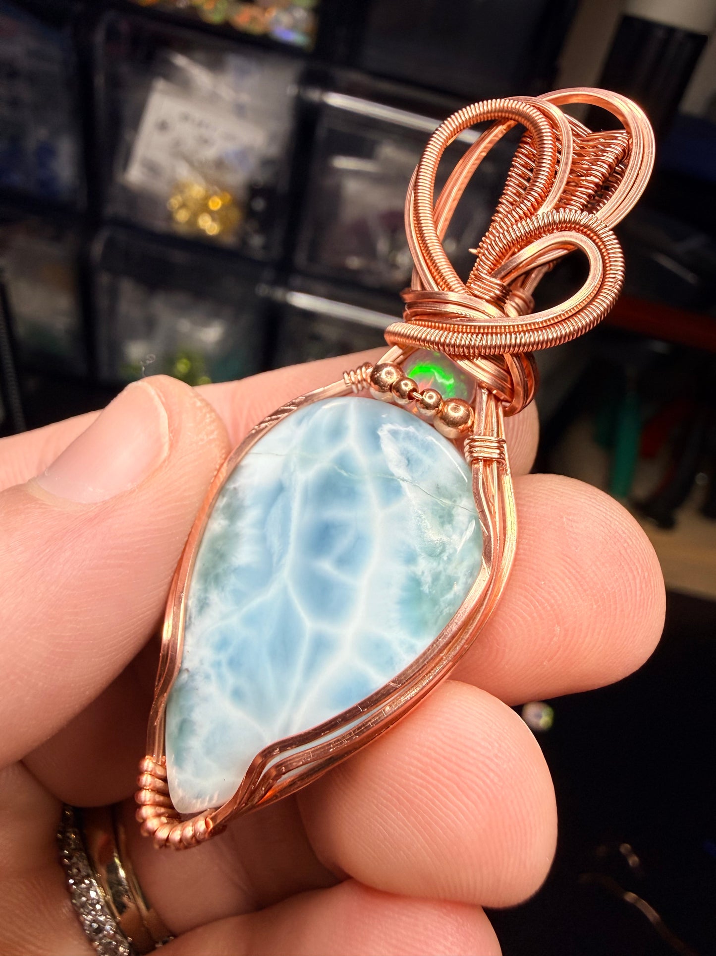 Larimar Pendant In Copper With Opal Accent