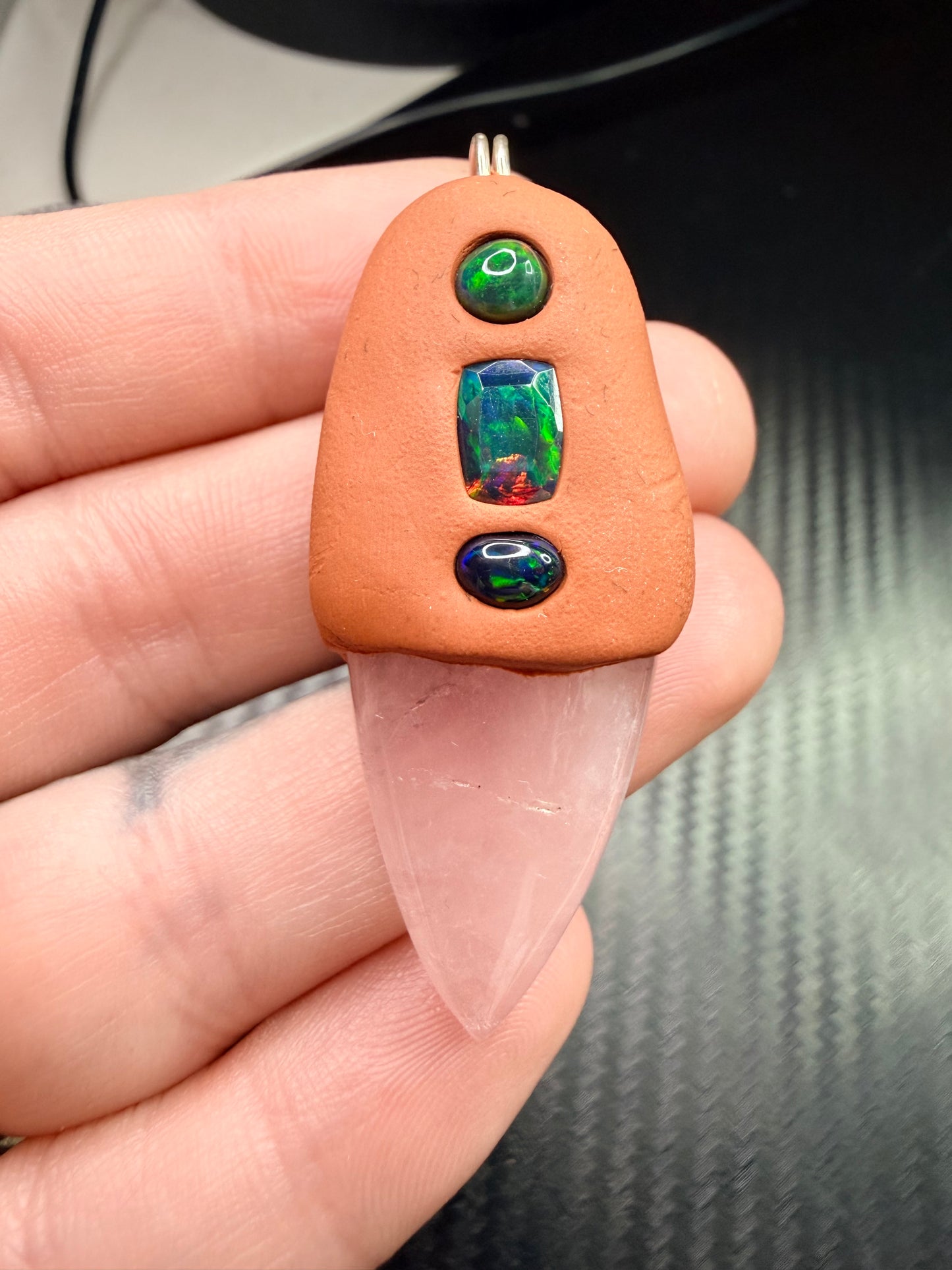 Rose Quartz & Ethiopian Opal Clay Talisman Pendant – Triple Opal Healing Amulet – Love, Light & Emotional Awakening