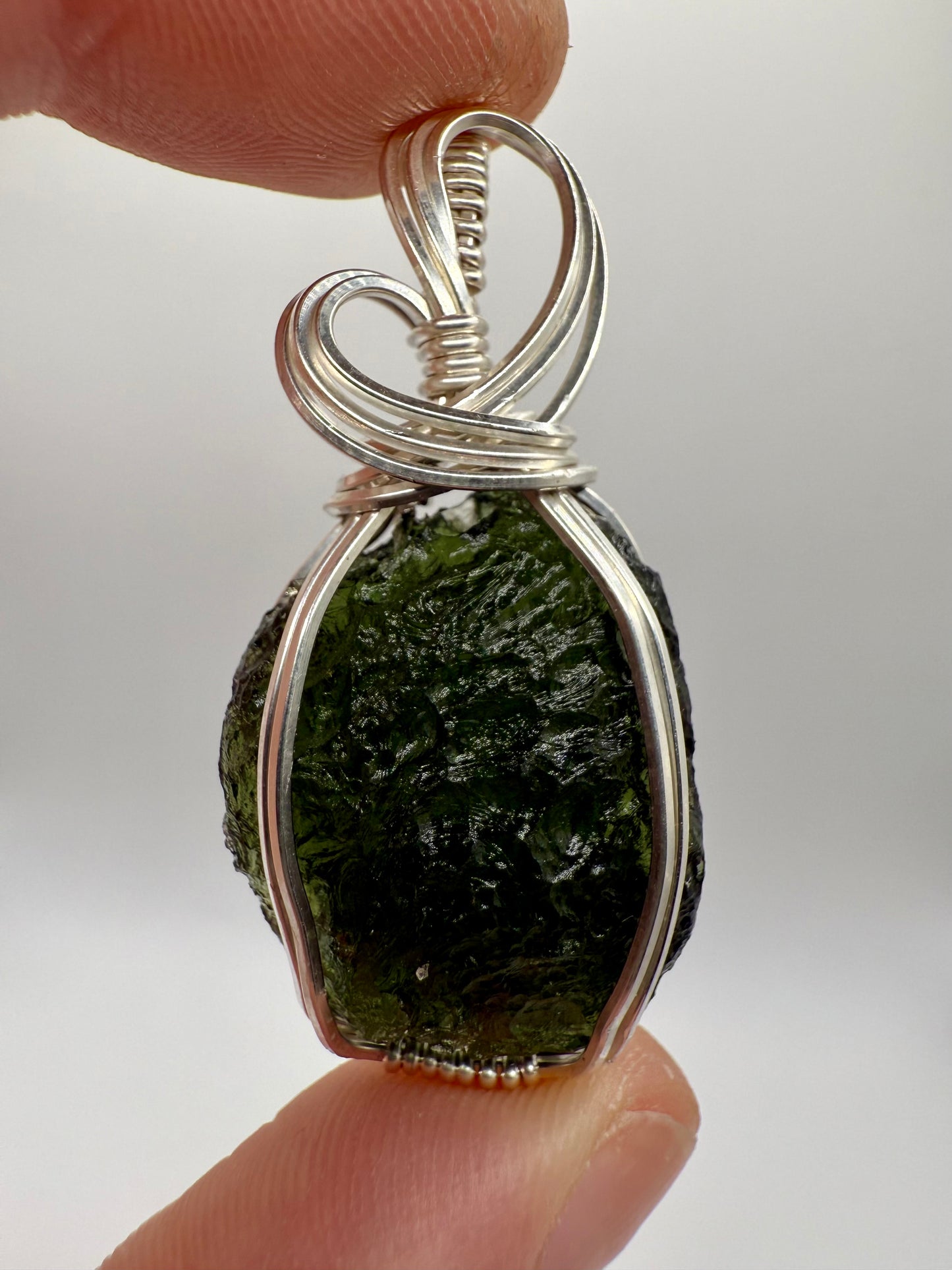 P112) Moldavite Pendant Necklace In Sterling Silver