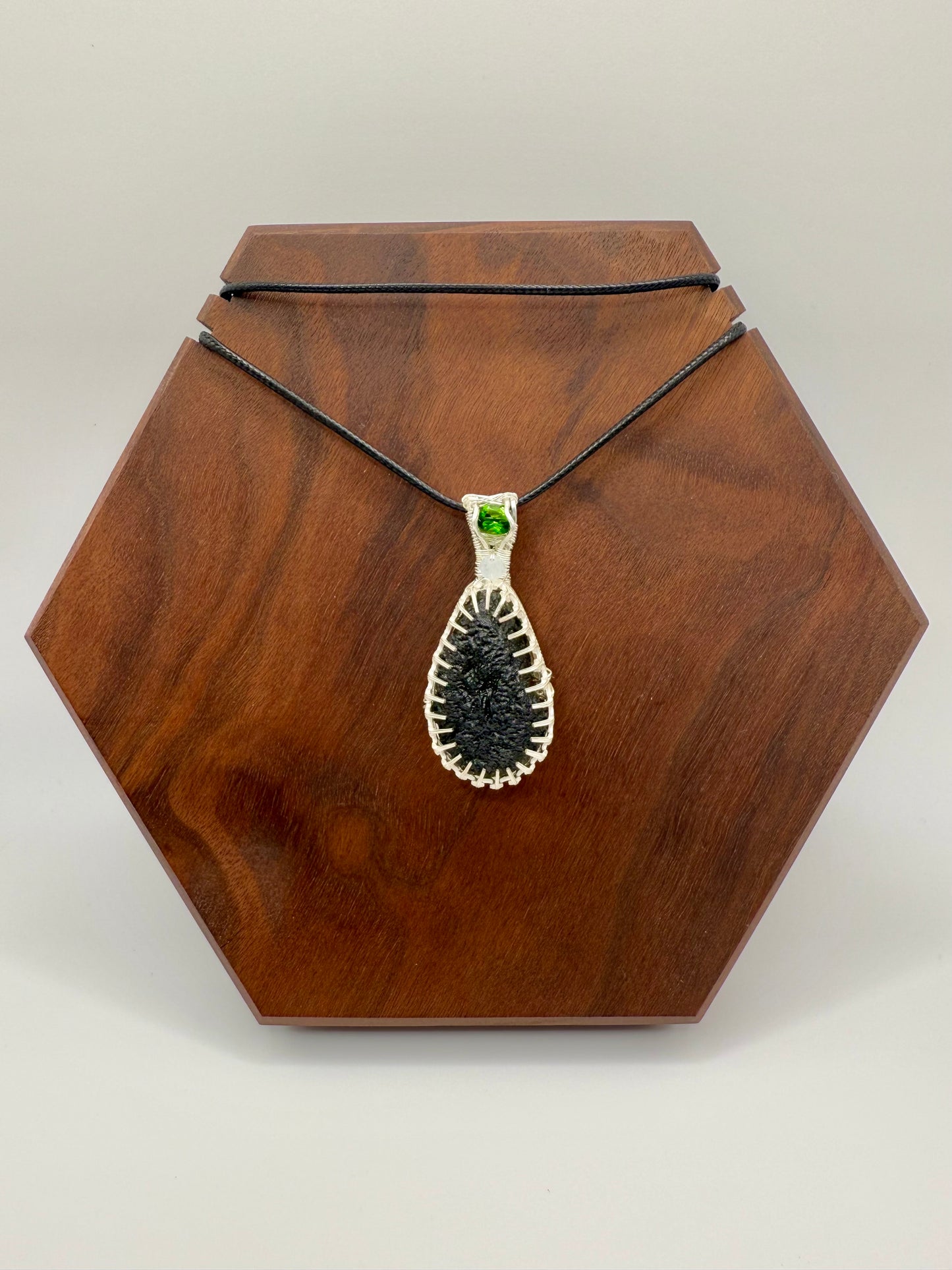 C112) Moldavite, Chrome Diopside, Aquamarine Bead, Pendant Necklace In Sterling Silver
