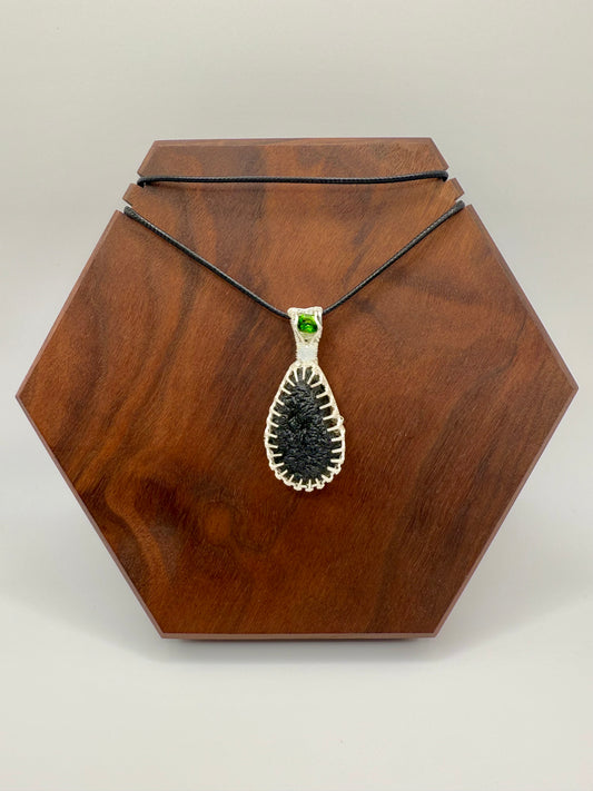 C112) Moldavite, Chrome Diopside, Aquamarine Bead, Pendant Necklace In Sterling Silver