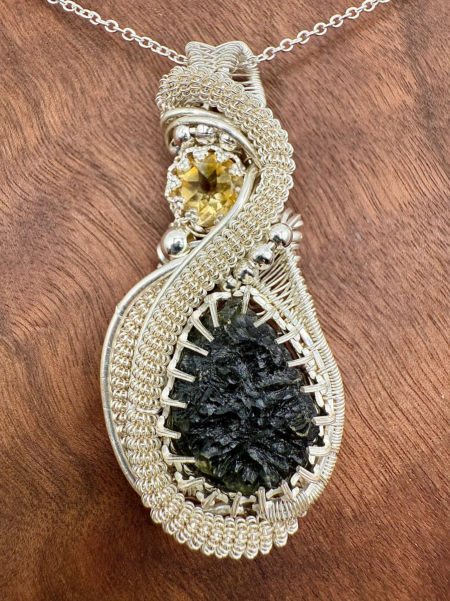 C112) Moldavite & Citrine Pendant Necklace In Sterling Silver