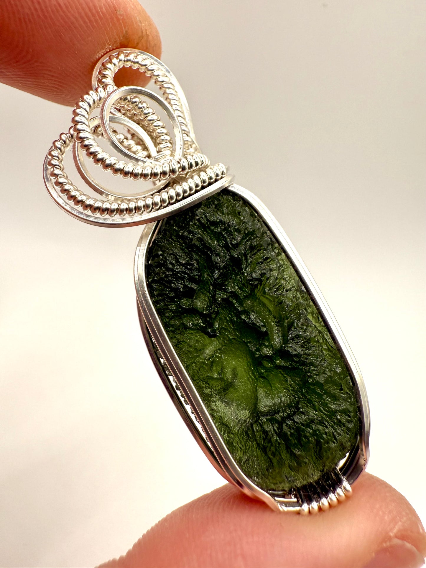 P112) Moldavite Pendant Necklace In Sterling Silver
