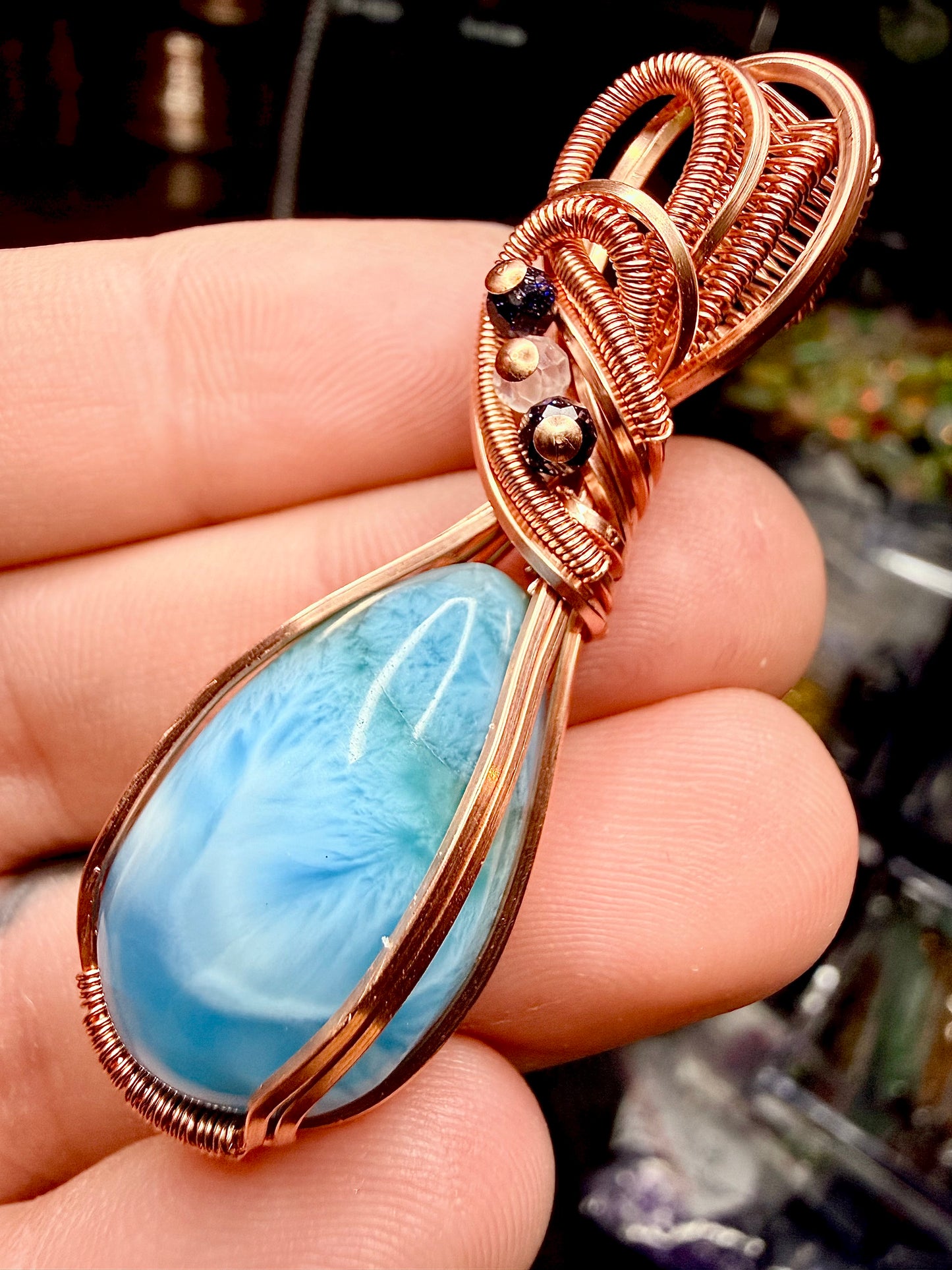 Larimar Pendant In Copper With Blue Goldstone & Clear Quartz Accents