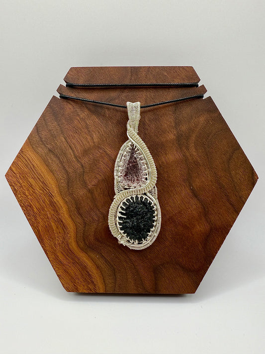 GG33) Large Moldavite & Super 7 Pendant Necklace In Sterling Silver