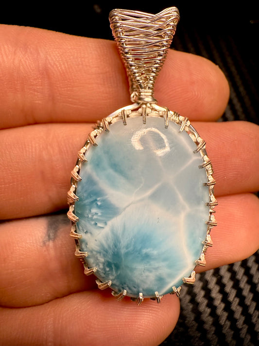 G112) Large Larimar Pendant Necklace In Sterling Silver