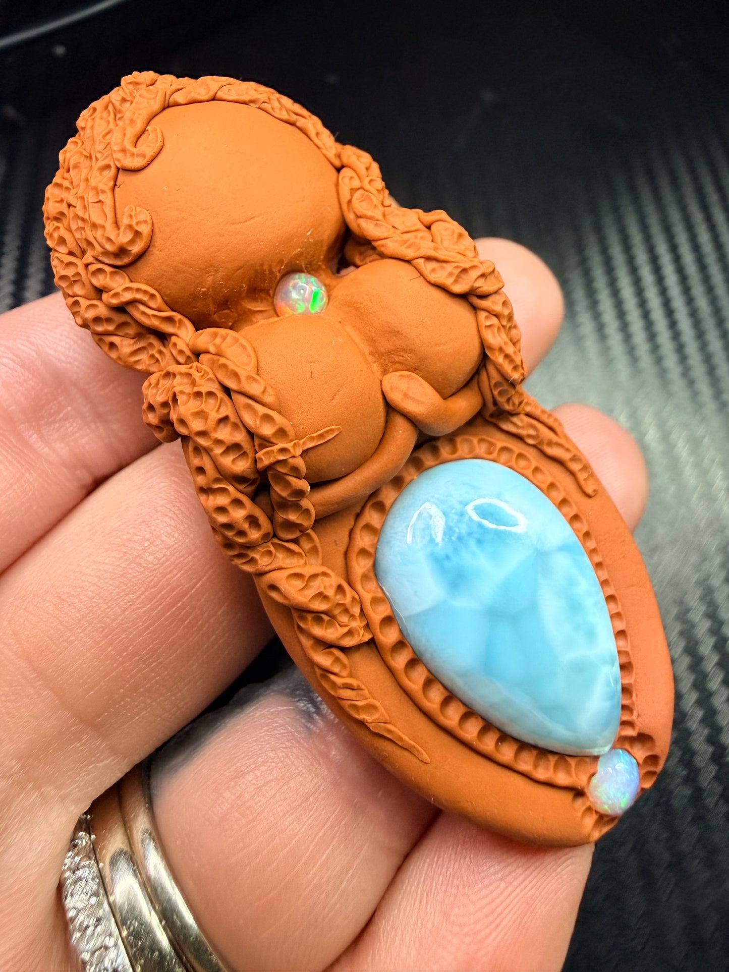 Goddess Talisman Necklace | Larimar & Double Opal | Divine Feminine Healing Amulet | Handmade Clay Spiritual Jewelry | Heart & Womb Energy Pendant