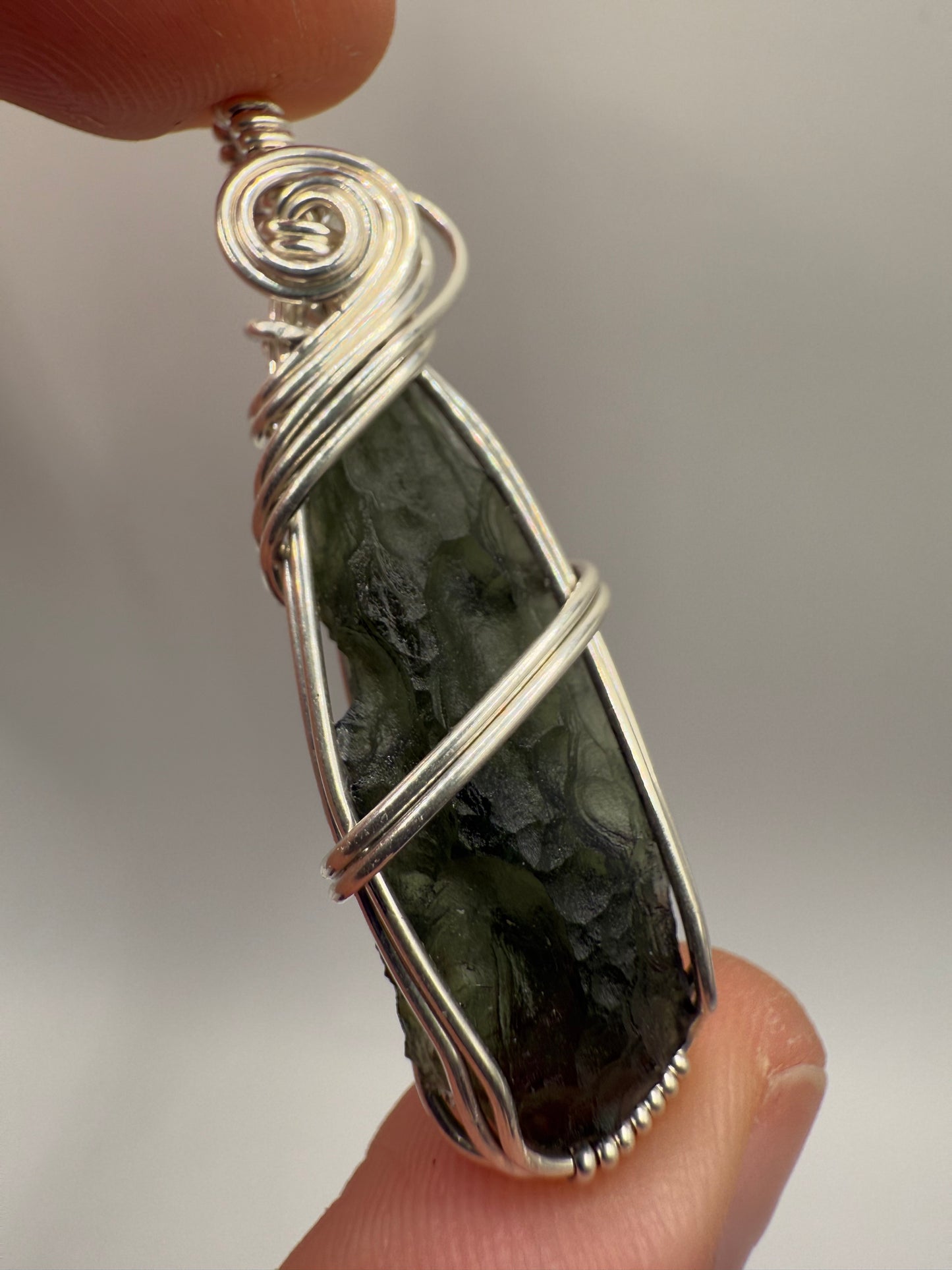 B112) Moldavite Pendant Necklace In Sterling Silver