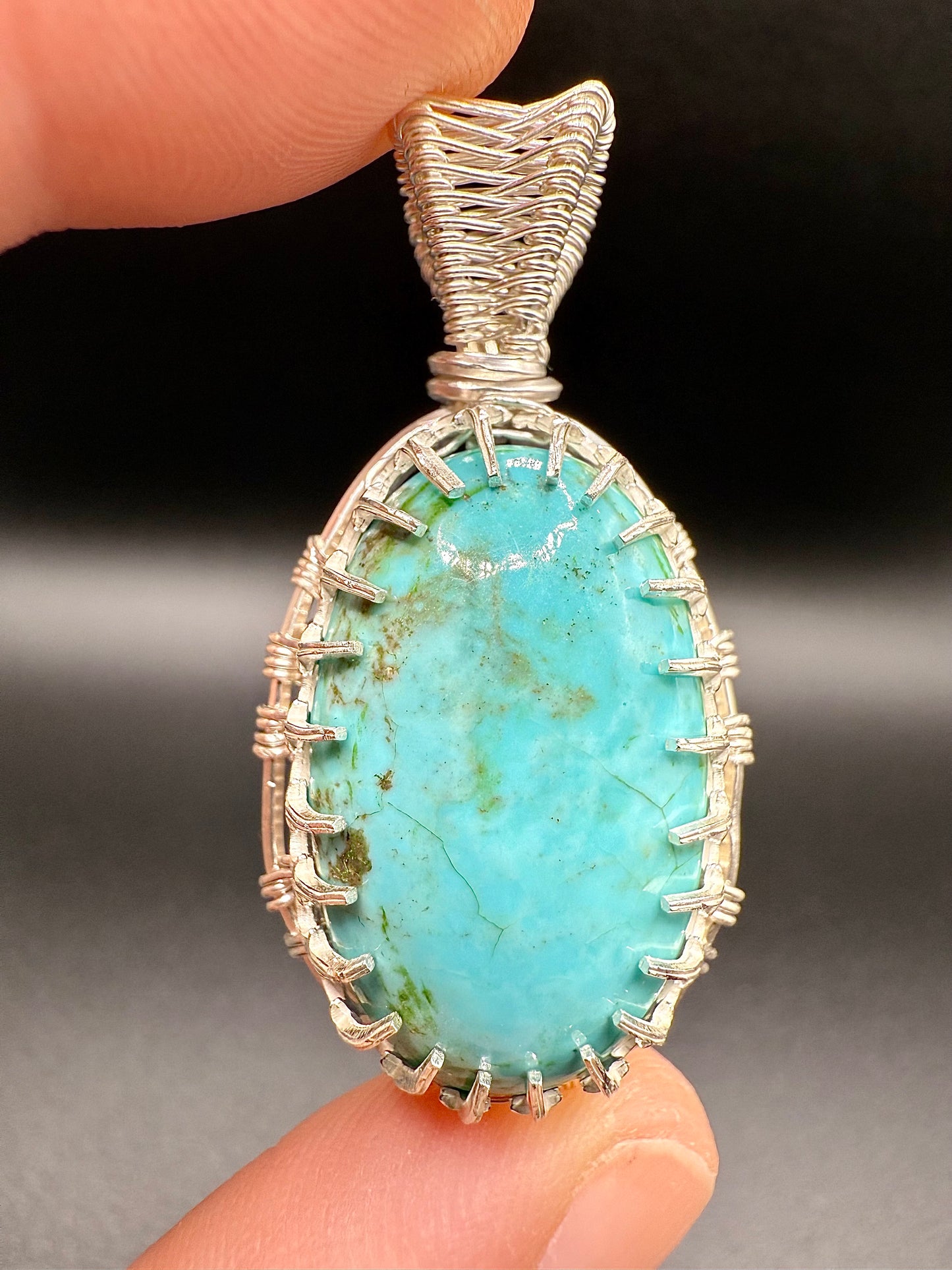 C112) Alacran Turquoise Pendant Necklace, From Mexico Mine In Sterling Silver