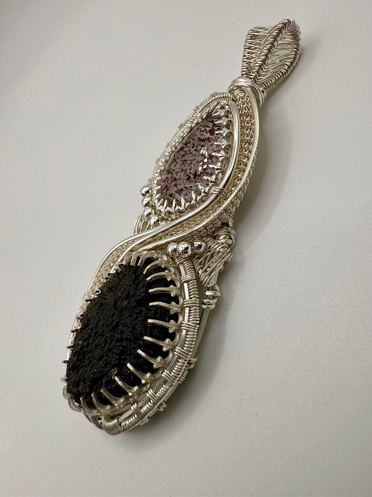 GG33) Large Moldavite & Super 7 Pendant NecklaceIn Sterling Silver