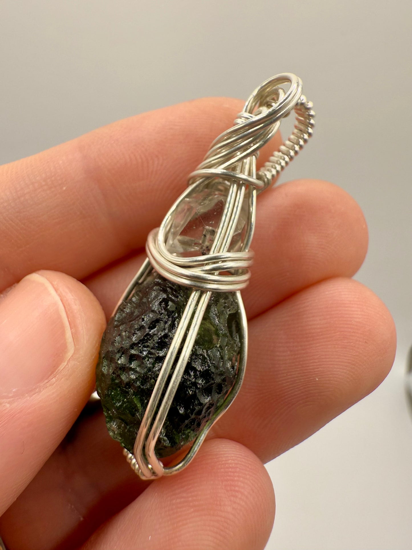 C11) Chlum Moldavite & Herkimer Diamond Pendant Necklace In Sterling Silver