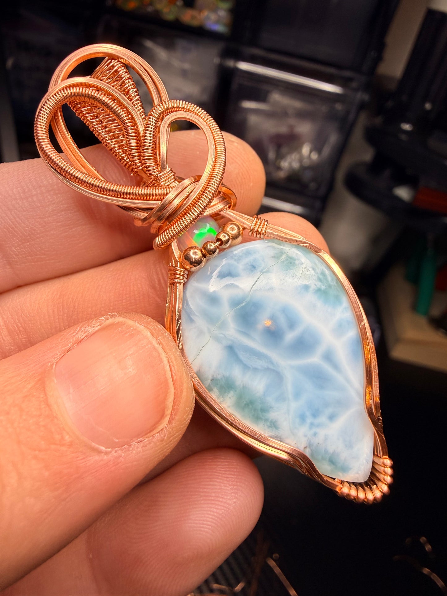 Larimar Pendant In Copper With Opal Accent