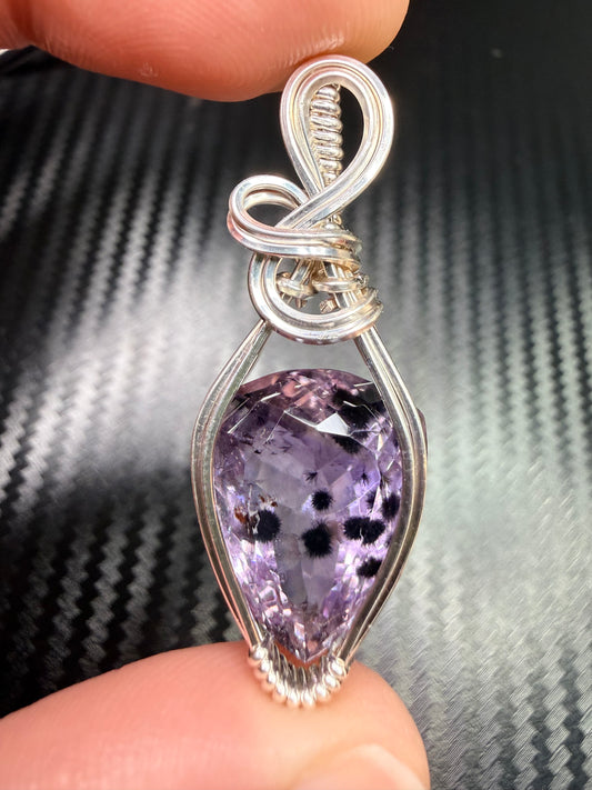 Amethyst with Hollandite Pendant in 925 Sterling Silver – Brazil Star Amethyst Necklace, Rare Inclusion Crystal Jewelry