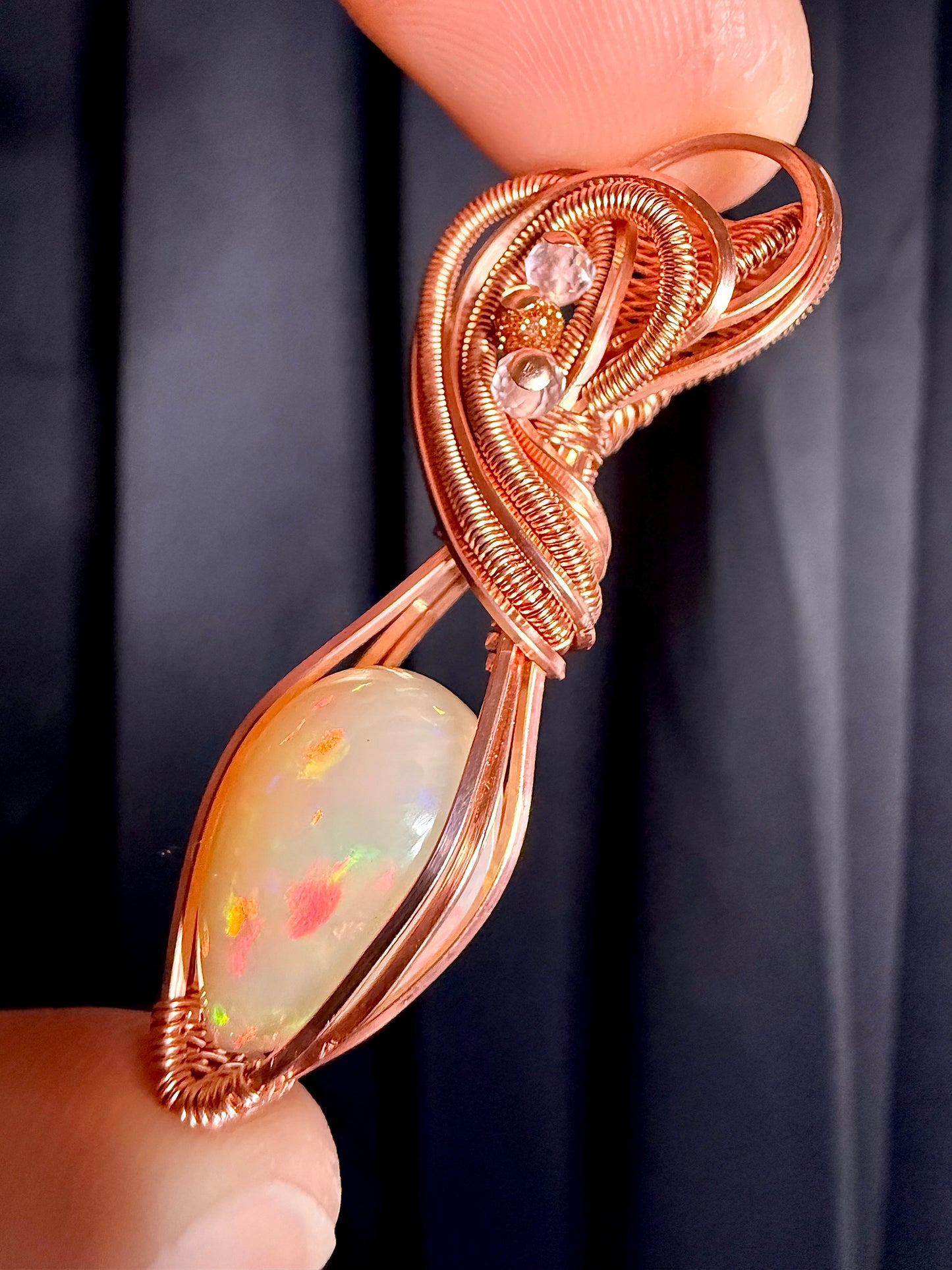 3EO) Ethiopian Welo Opal full flash, 8.15 carats in polished copper with clear quartz & goldstone accents