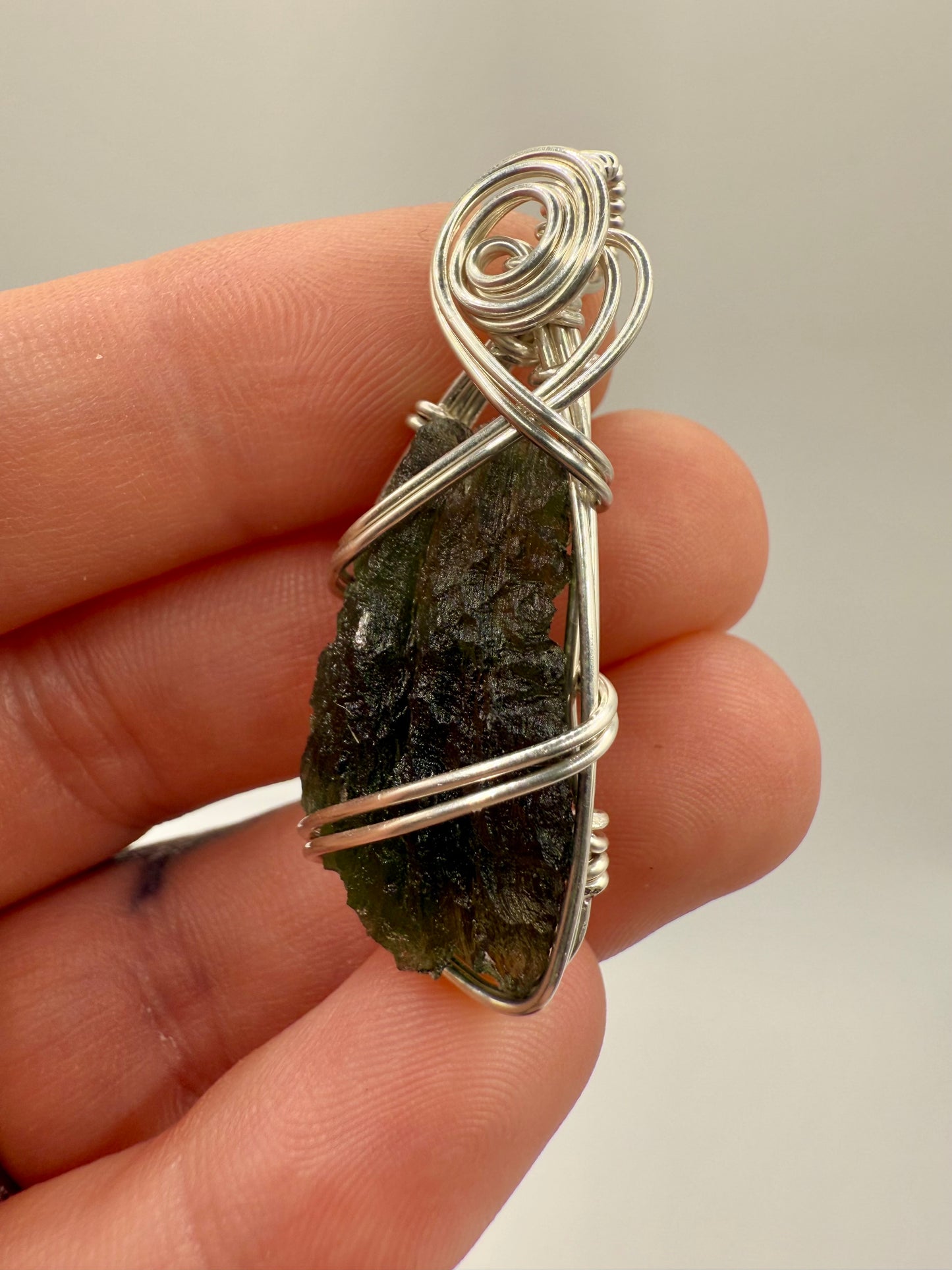 B112) Moldavite Pendant Necklace In Sterling Silver