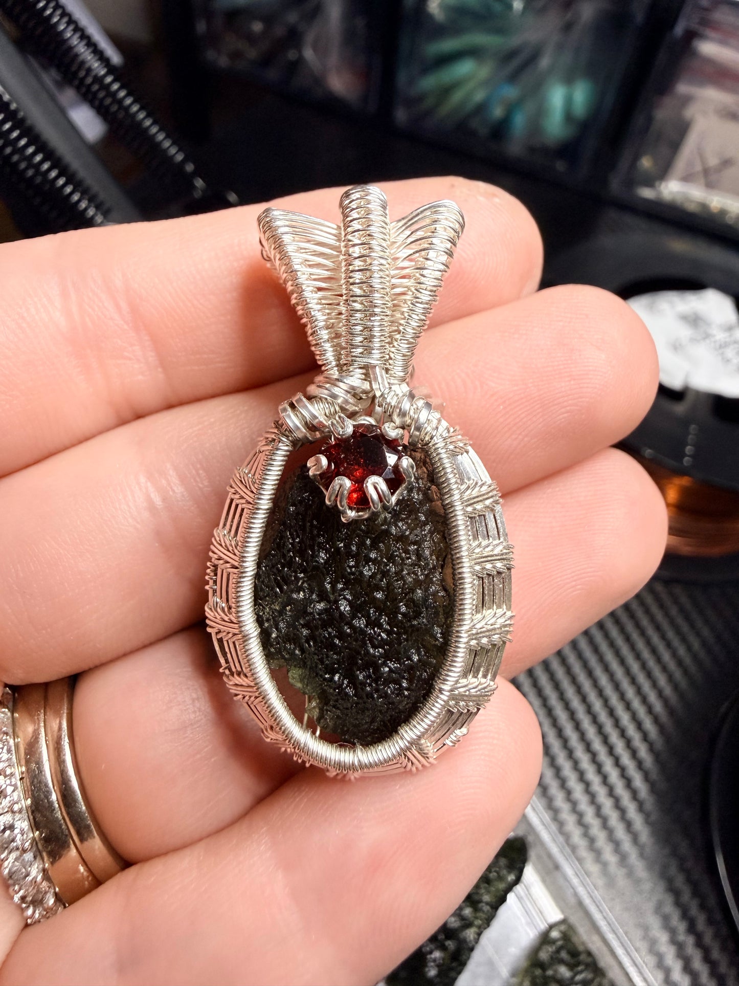 11VDS) Moldavite Pendant With Red Garnet Accent In Sterling Silver Pendant