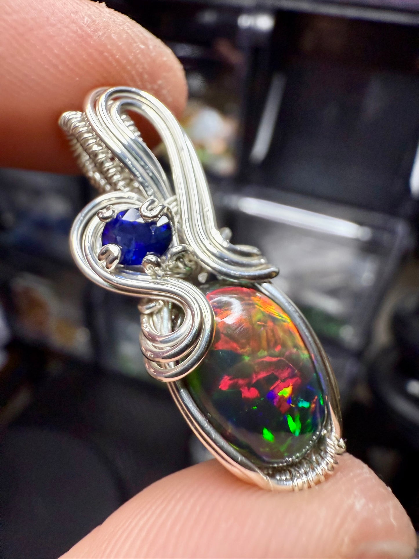 ZZ12) Opal & Sapphire Pendant in Sterling Silver