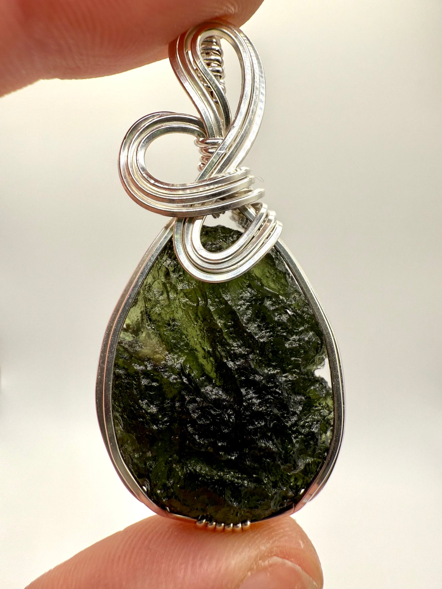 P112) Moldavite Pendant Necklace In Sterling Silver