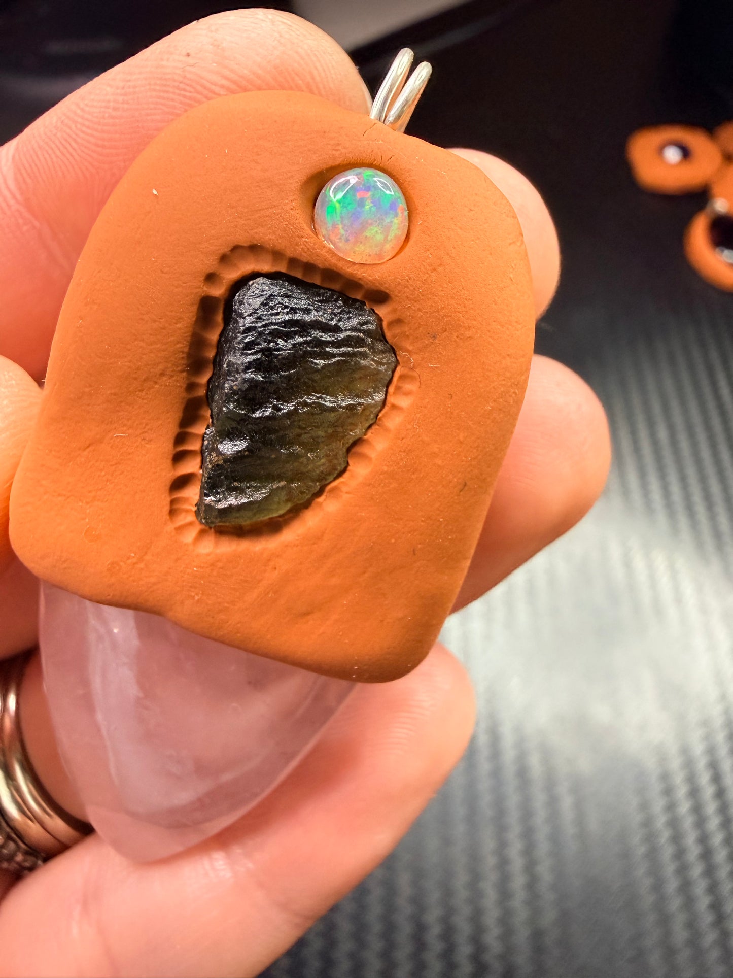 Rose Quartz, Moldavite & Opal Clay Talisman Pendant – Handmade Spiritual Healing Amulet – Love, Transformation & Divine Light