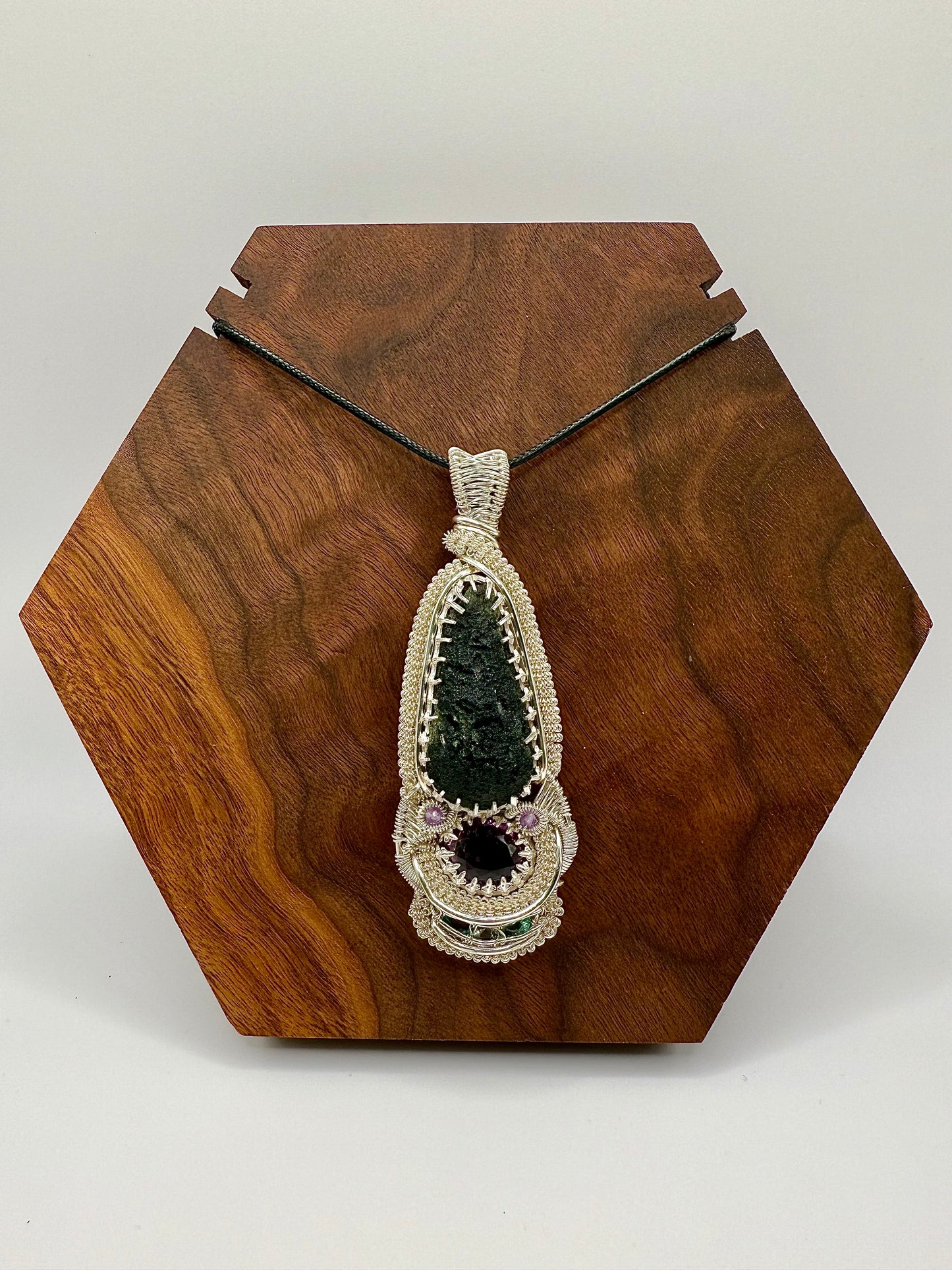 GG33) Large Moldavite, Amethyst, Aquamarine, & Blue Apatite Pendant Necklace In Sterling Silver