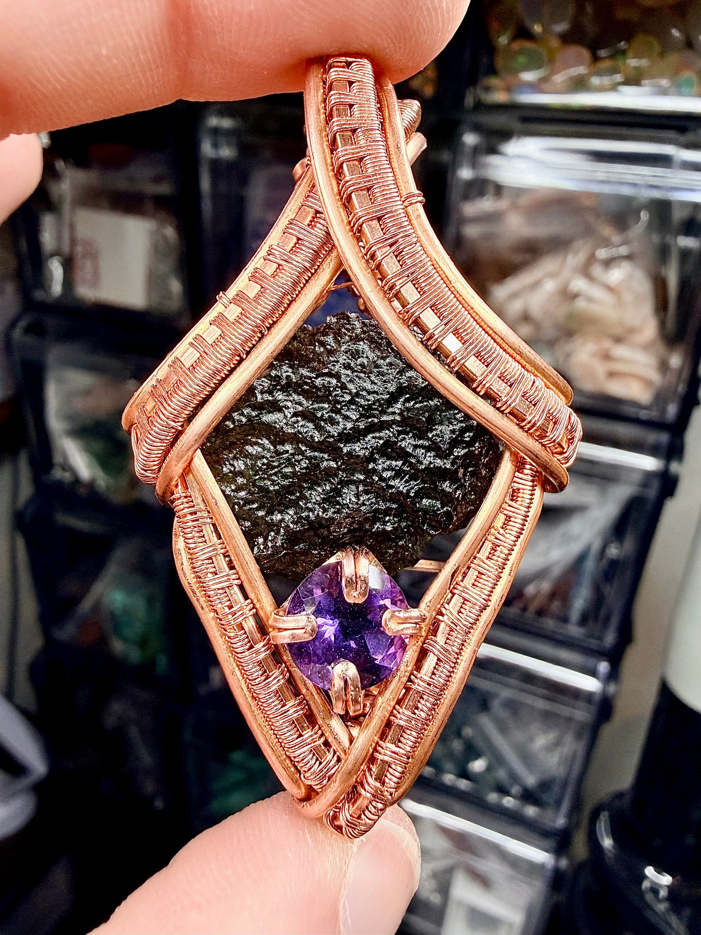 1MSS) Moldavite & Amethyst Pendant In Copper
