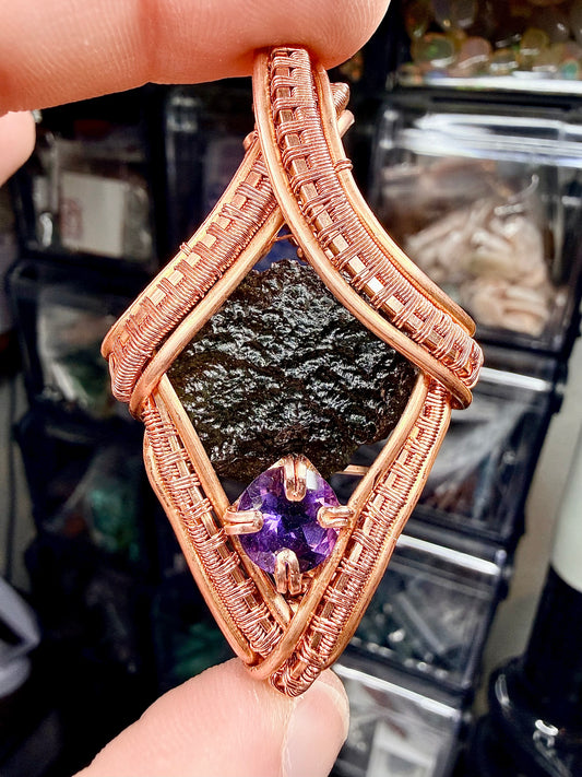 1MSS) Moldavite & Amethyst Pendant In Copper