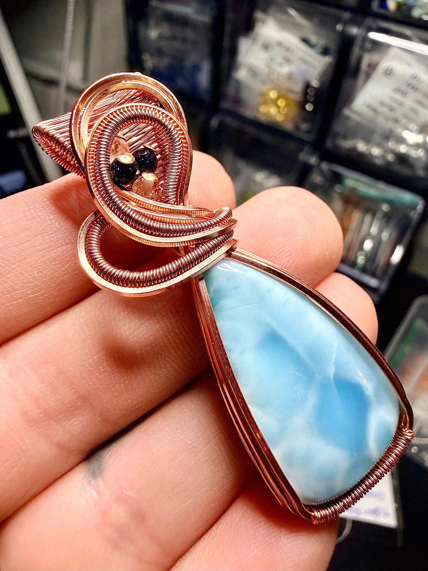 Larimar Pendant In Copper With Blue GoldStone & Clear Quartz Accents
