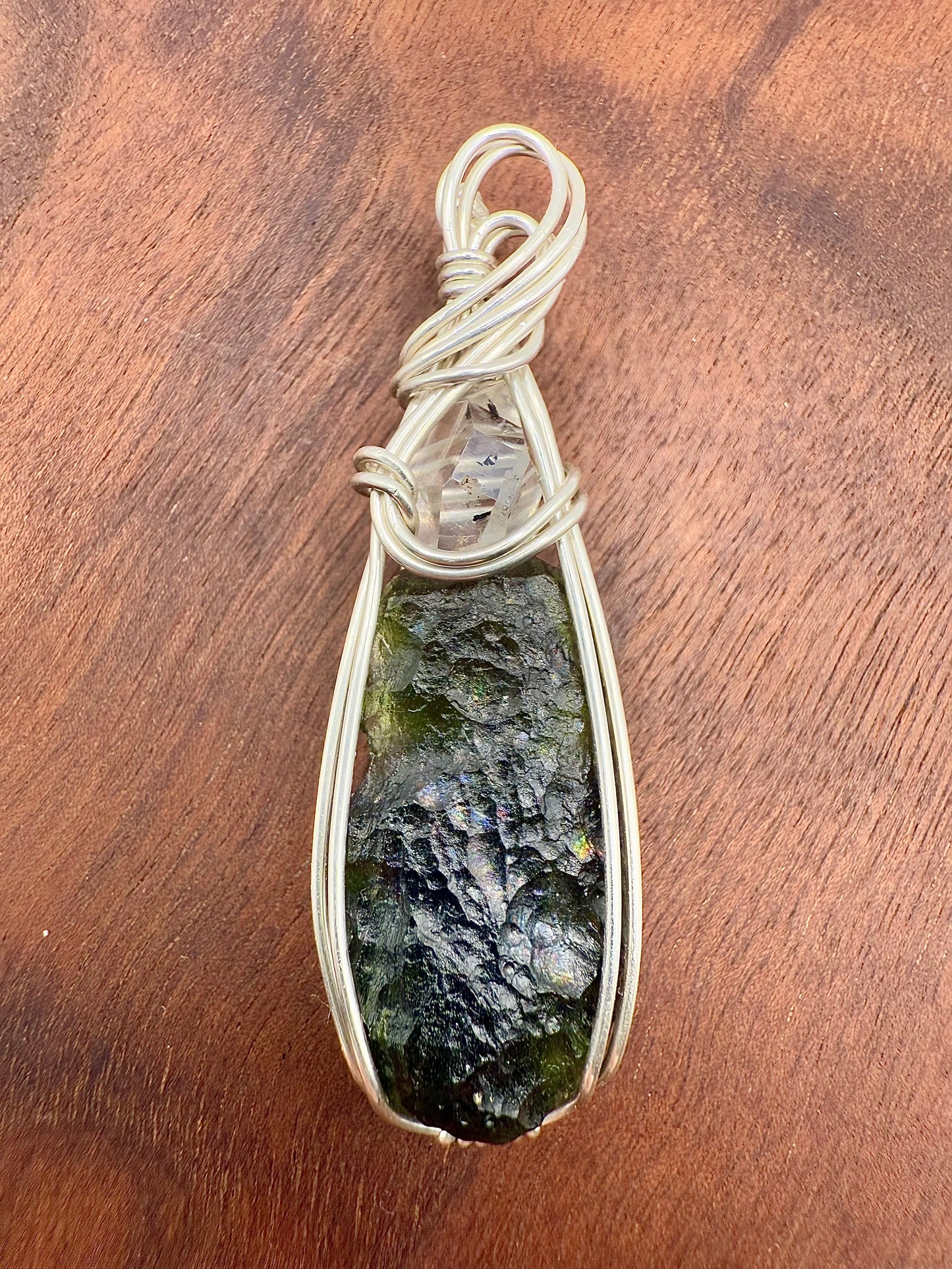 C11) Rainbow Vrabce Moldavite & Herkimer Diamond In Sterling Silver