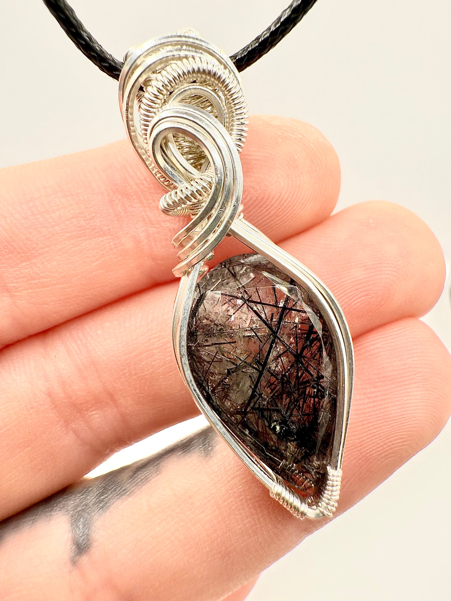 B112) Black Rutilated Quartz In Sterling Silver