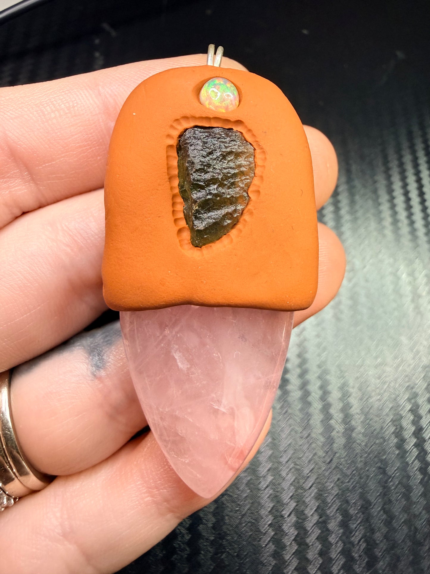 Rose Quartz, Moldavite & Opal Clay Talisman Pendant – Handmade Spiritual Healing Amulet – Love, Transformation & Divine Light