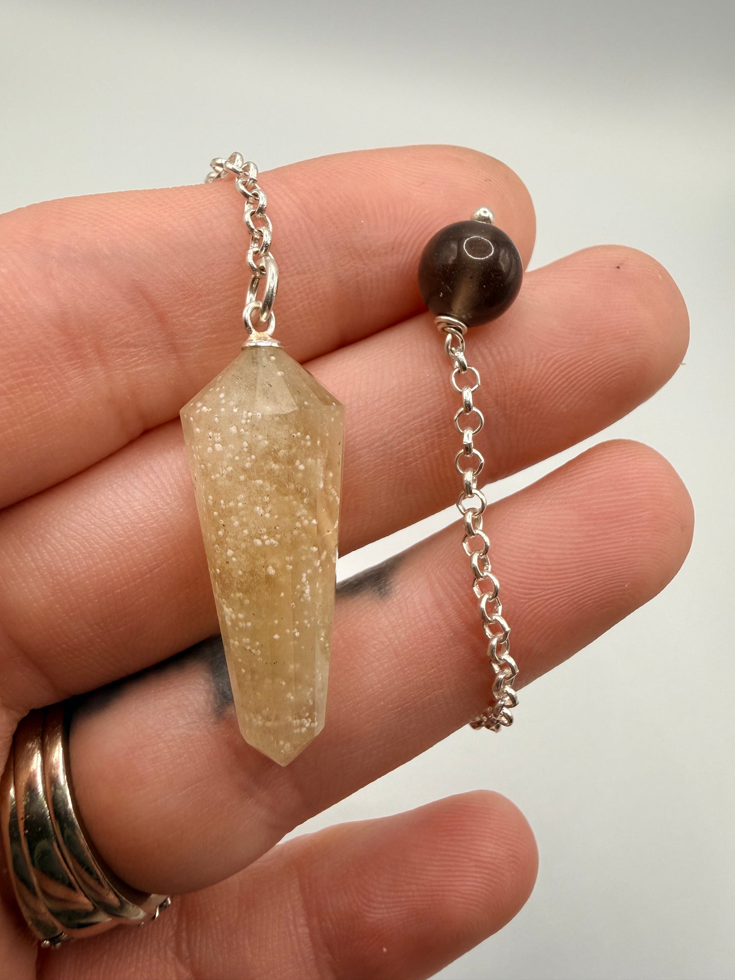 Libyan Desert Glass Pendulum With Agni Manitite Bead In Sterling Silver