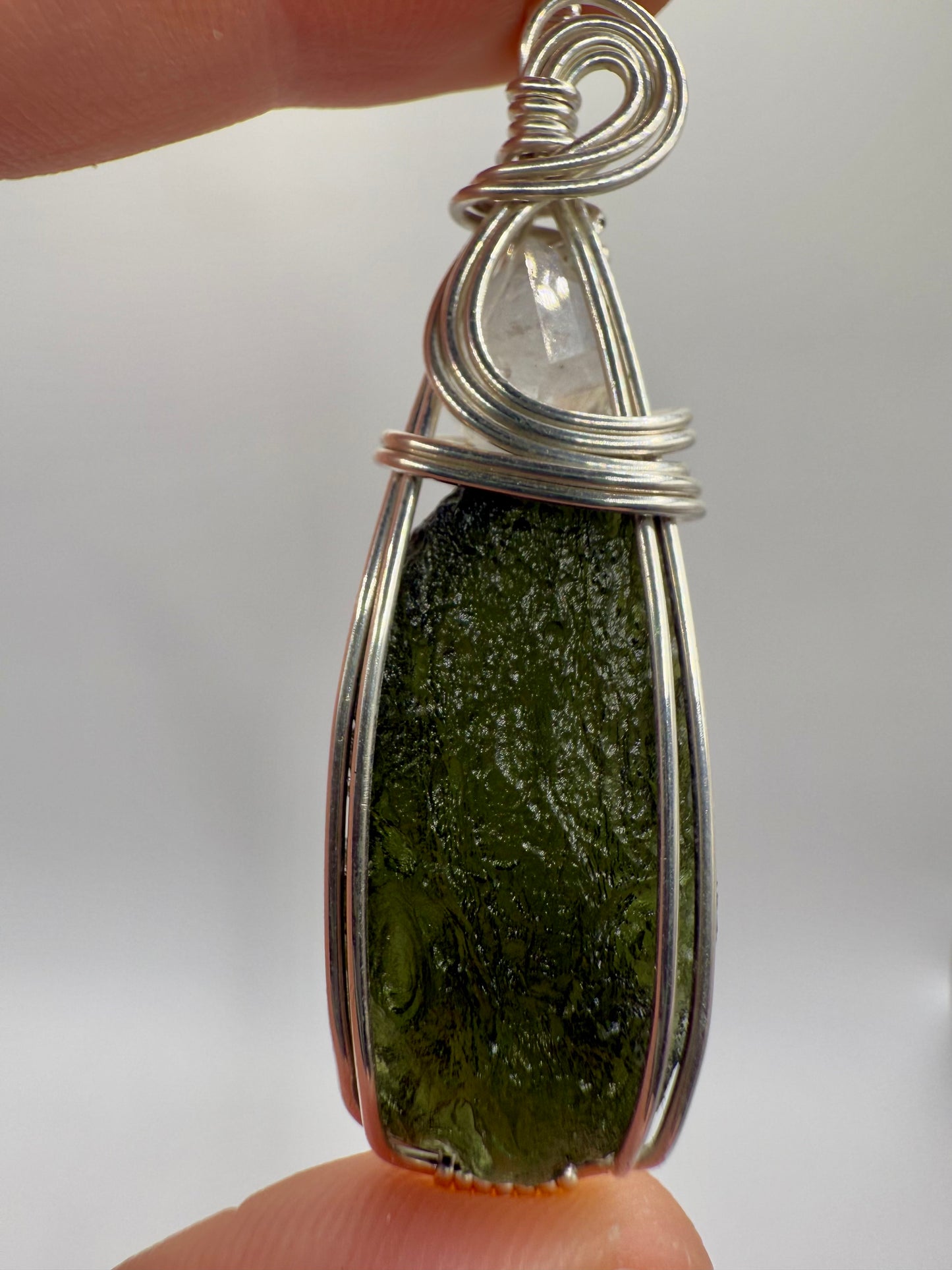C11) Chlum Moldavite & Herkimer Diamond Pendant Necklace In Sterling Silver