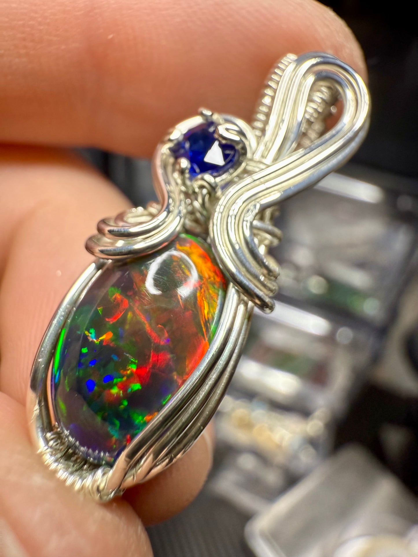 ZZ12) Opal & Sapphire Pendant in Sterling Silver