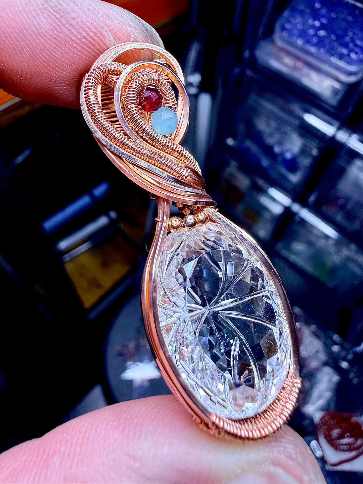Carved Himalayan Quartz with Red Garnet & Amazonite accents in polished Copper. Himalayan Quartz weight 28.35 carats.