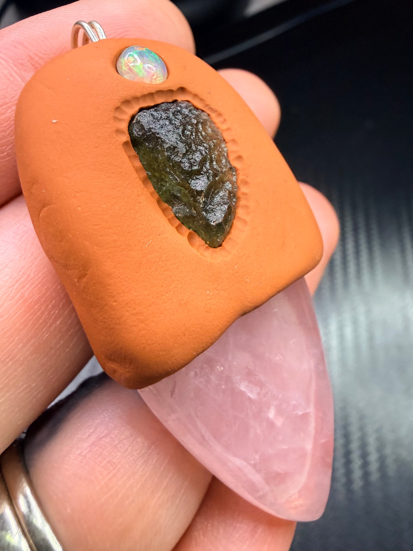 Rose Quartz, Moldavite & Opal Clay Talisman Pendant – Handmade Spiritual Healing Amulet – Love, Transformation & Divine Light