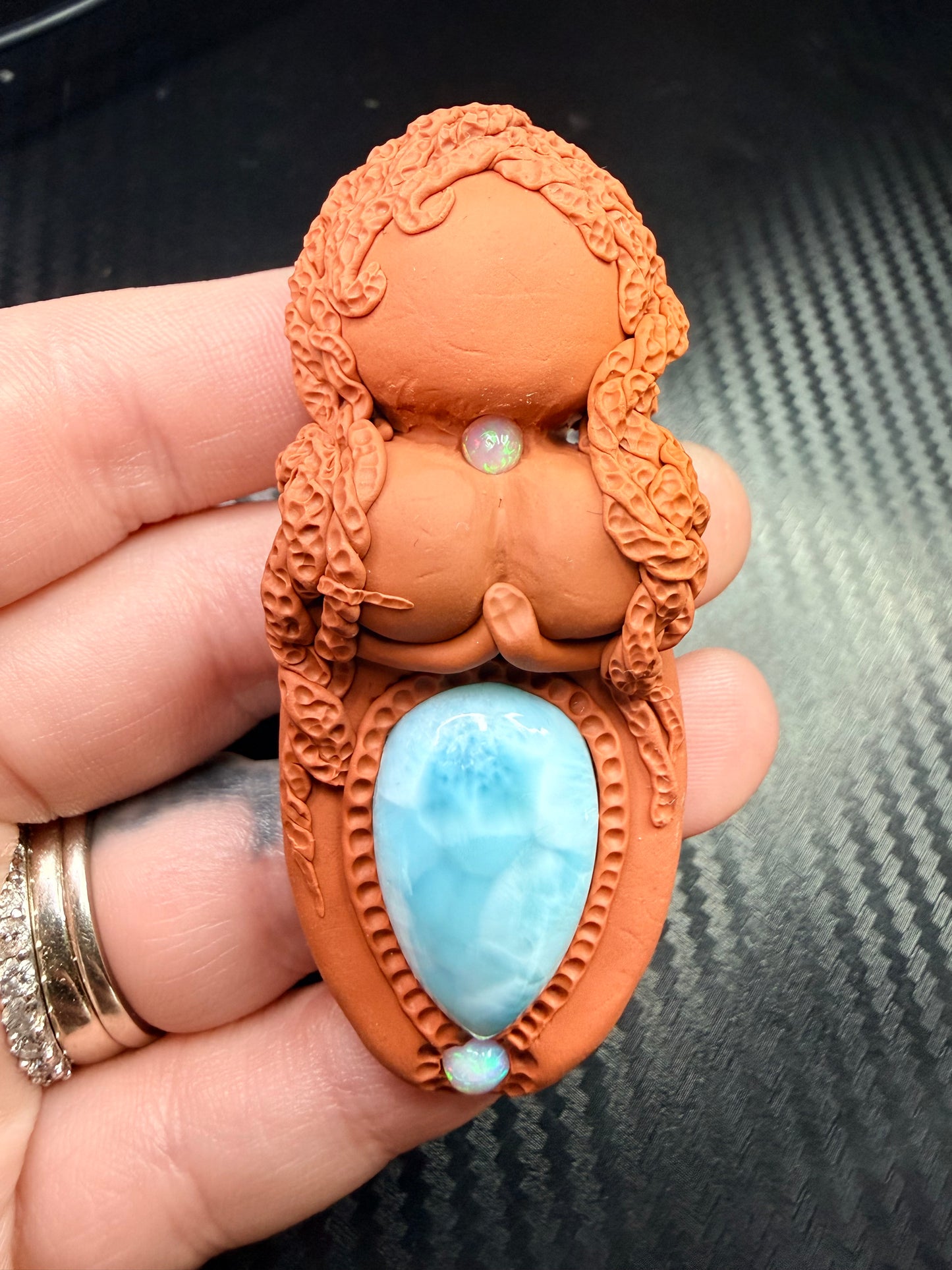Goddess Talisman Necklace | Larimar & Double Opal | Divine Feminine Healing Amulet | Handmade Clay Spiritual Jewelry | Heart & Womb Energy Pendant