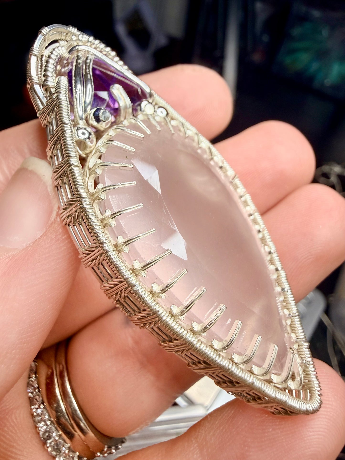 11VDS) Rose Quartz & Amethyst Pendant in Sterling Silver Large