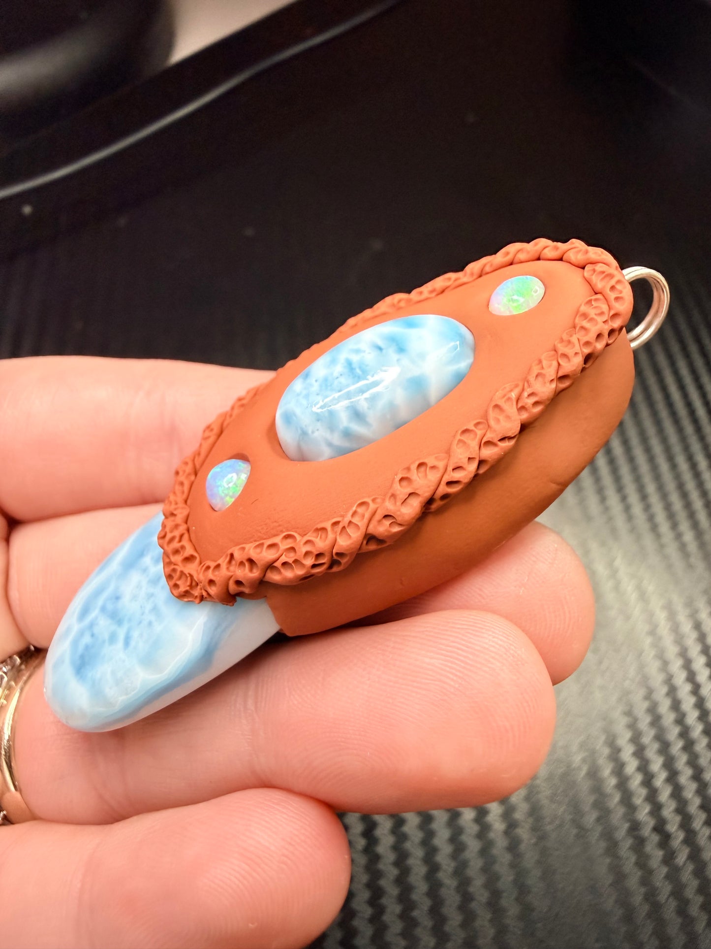 Larimar & Opal Flow Talisman Necklace | Double Larimar Pendant | Spiritual Alignment Jewelry | Handmade Clay Amulet | Ocean Energy Crystal Necklace
